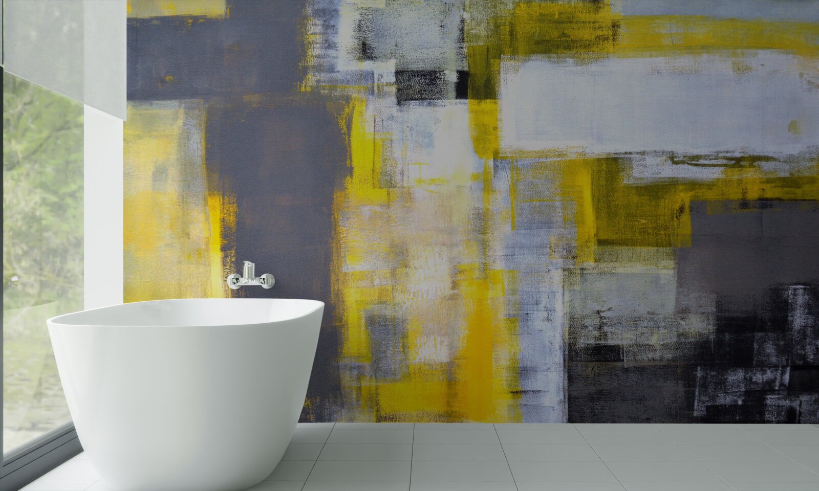 Fotobehang abstract schilderij in gele en grijze tinten, gemaakt met verf