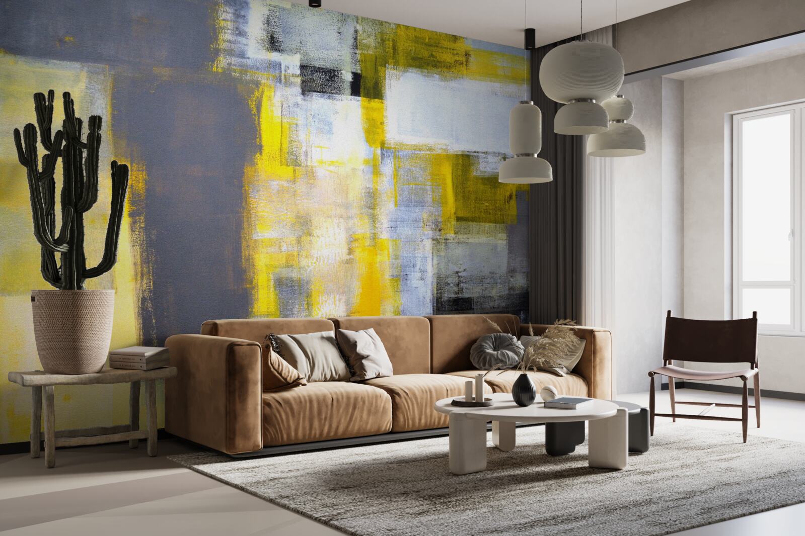 Fotobehang abstract schilderij in gele en grijze tinten, gemaakt met verf