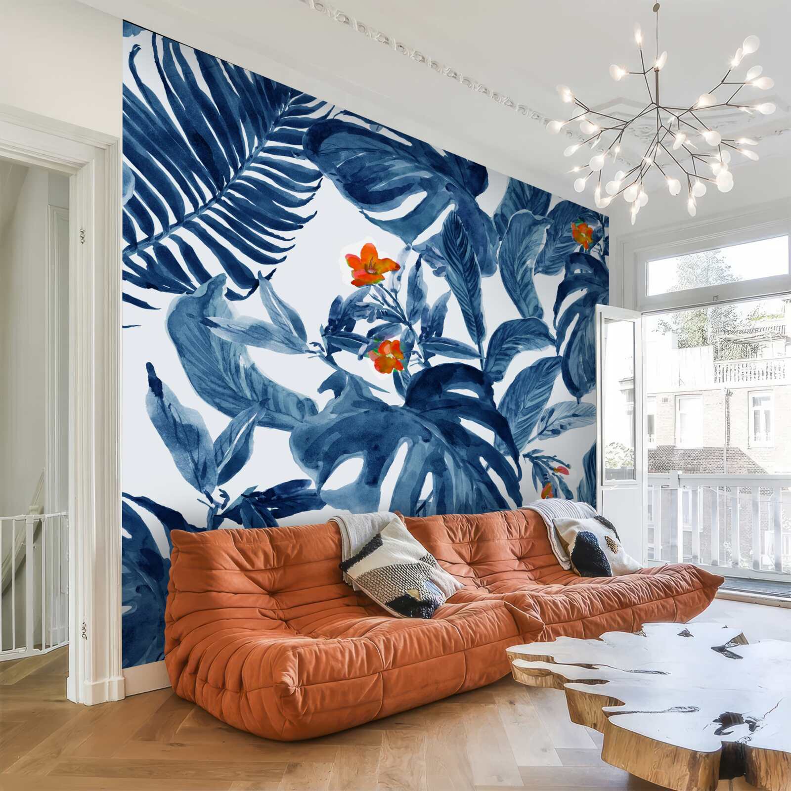 Fotobehang perziklelie en blauwe varen