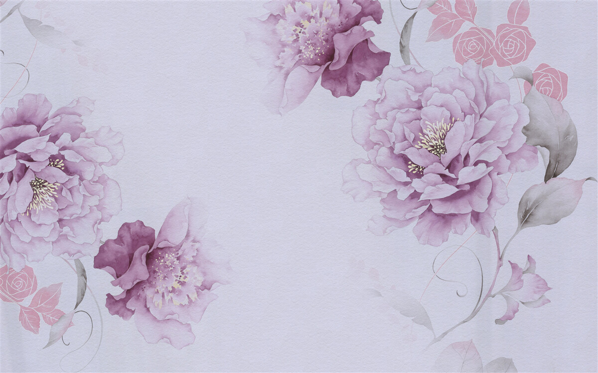 Fotobehang grote lila bloemen op een grijze achtergrond