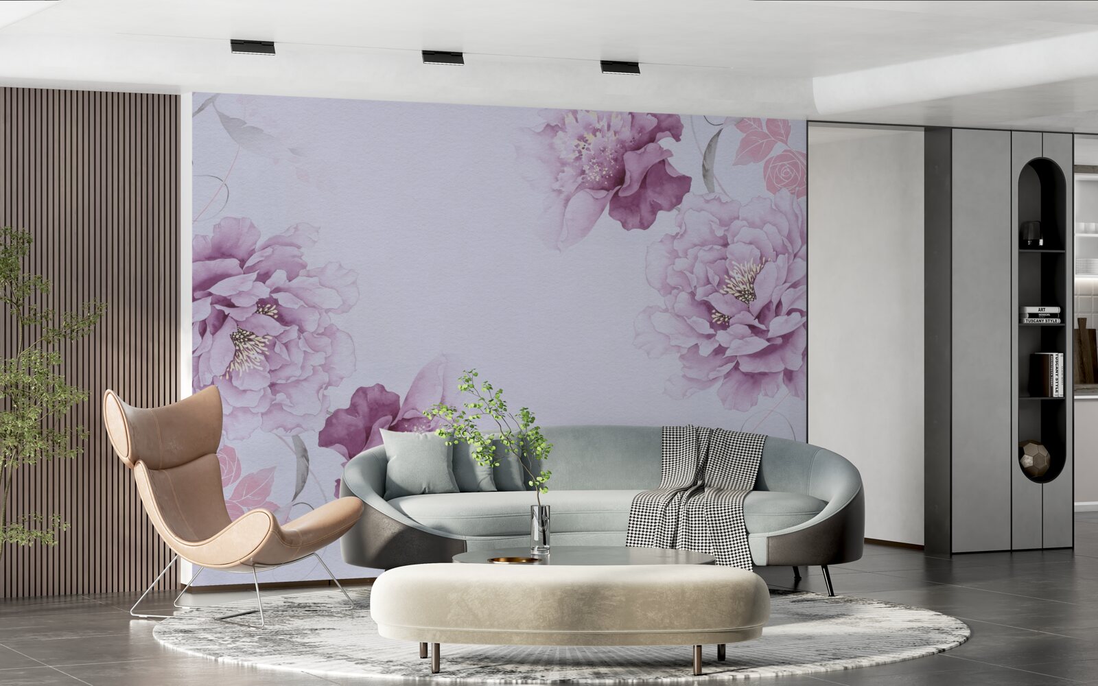 Fotobehang grote lila bloemen op een grijze achtergrond