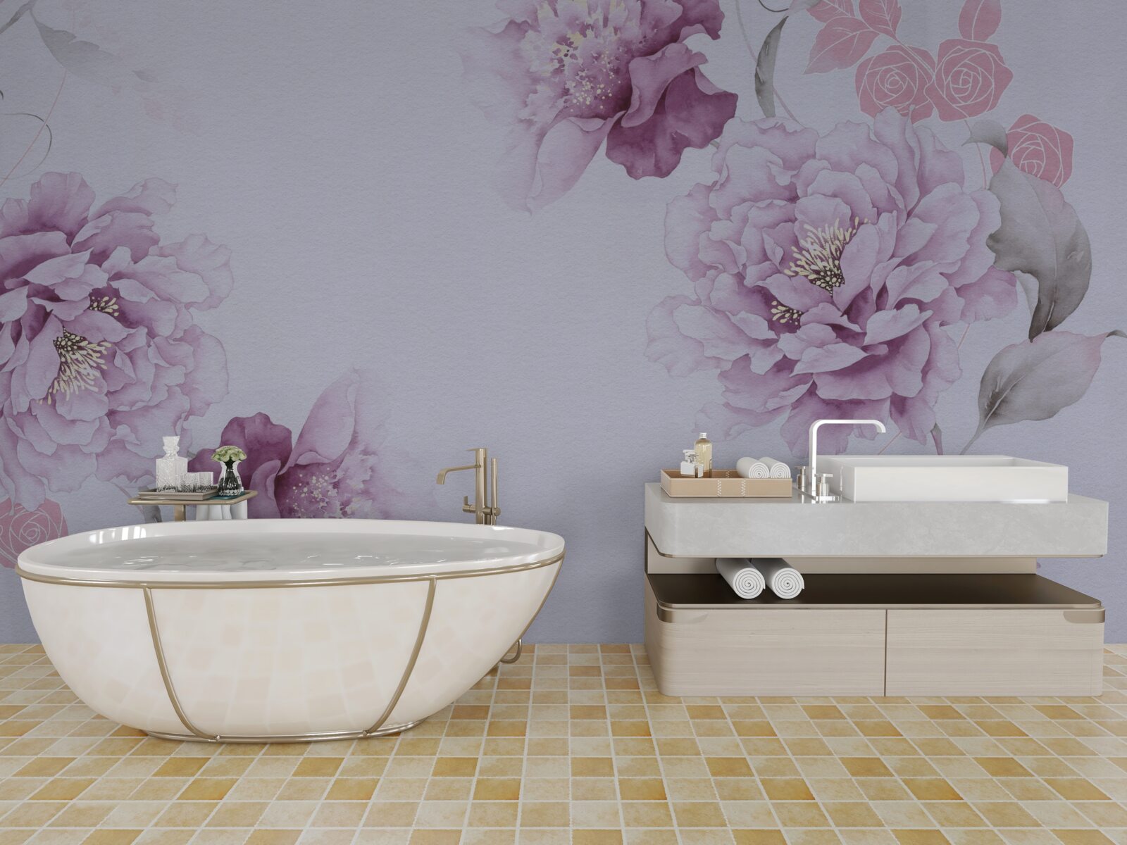 Fotobehang grote lila bloemen op een grijze achtergrond