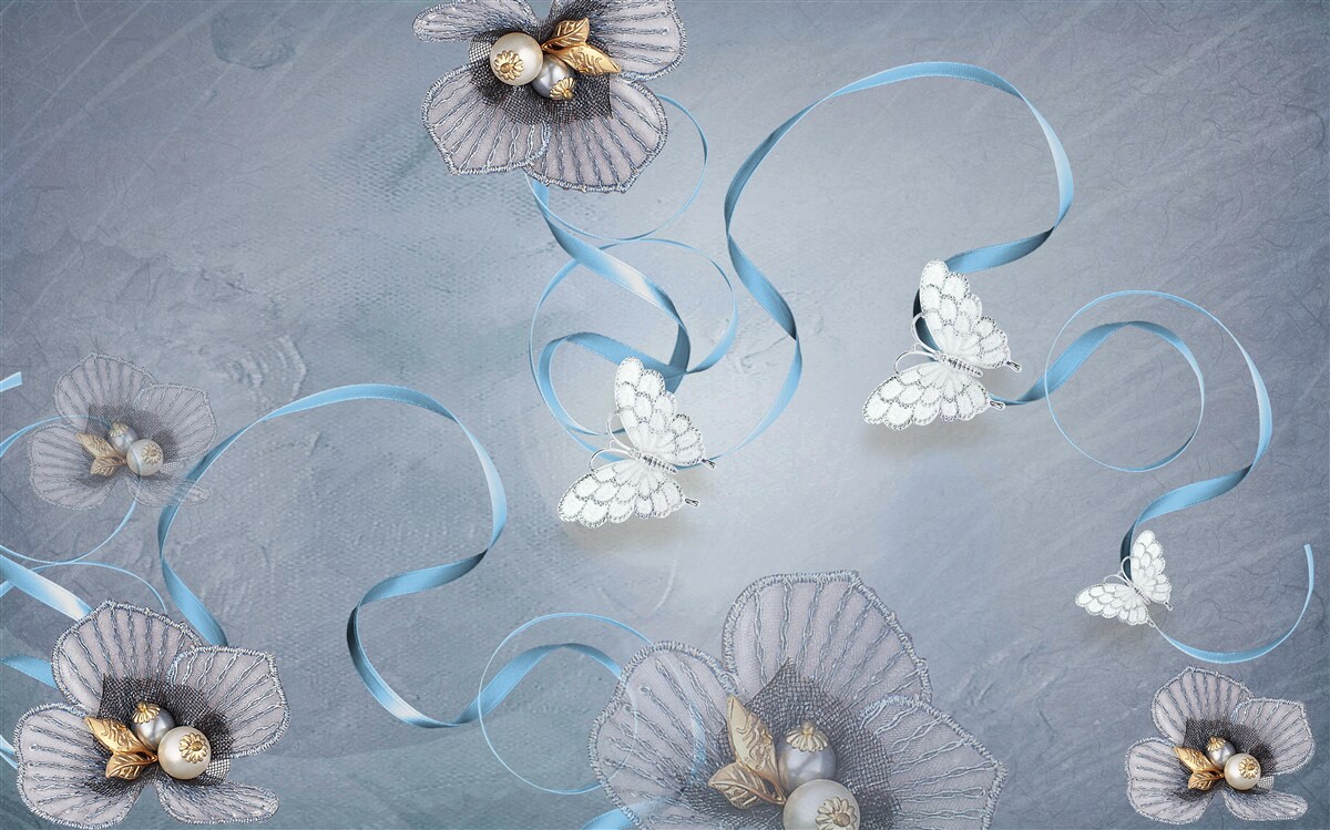 Fotobehang Sneeuwwitte vlinders en bloemen versierd met parels