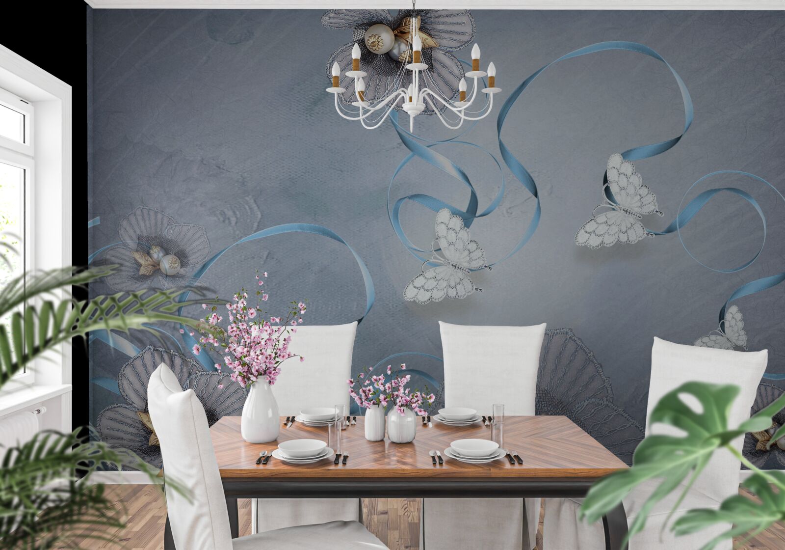 Fotobehang Sneeuwwitte vlinders en bloemen versierd met parels