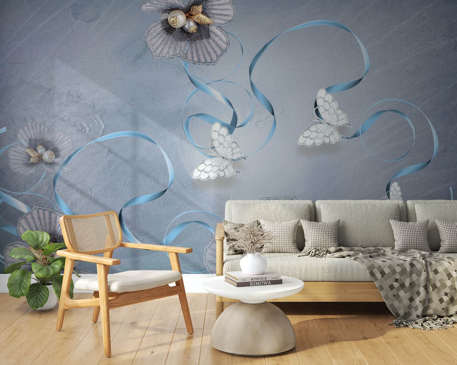 Fotobehang Sneeuwwitte vlinders en bloemen versierd met parels