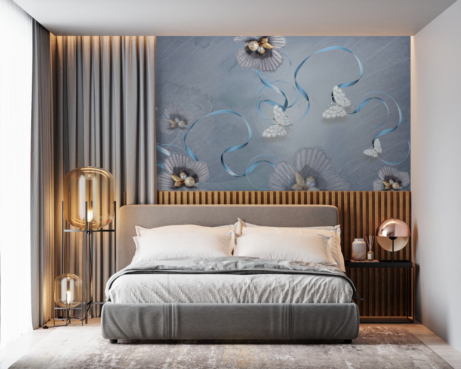 Fotobehang Sneeuwwitte vlinders en bloemen versierd met parels