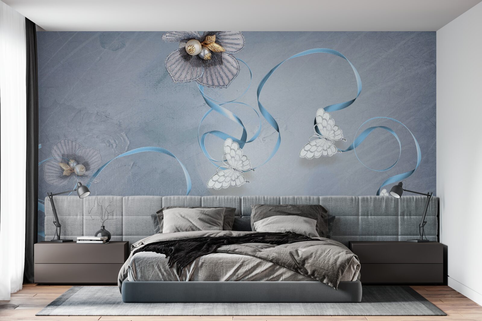 Fotobehang Sneeuwwitte vlinders en bloemen versierd met parels