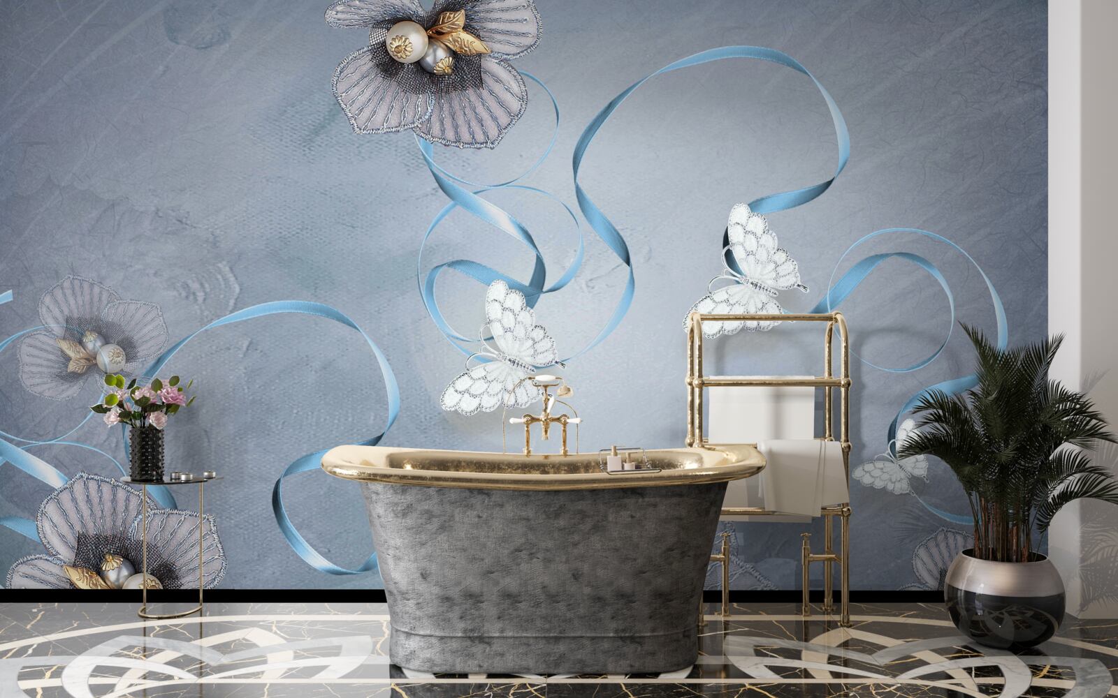 Fotobehang Sneeuwwitte vlinders en bloemen versierd met parels