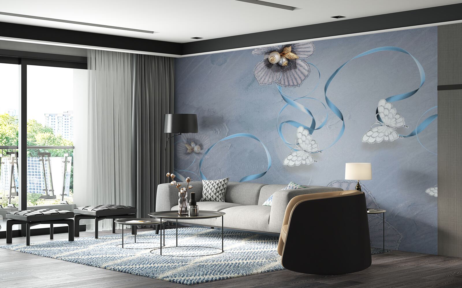 Fotobehang Sneeuwwitte vlinders en bloemen versierd met parels