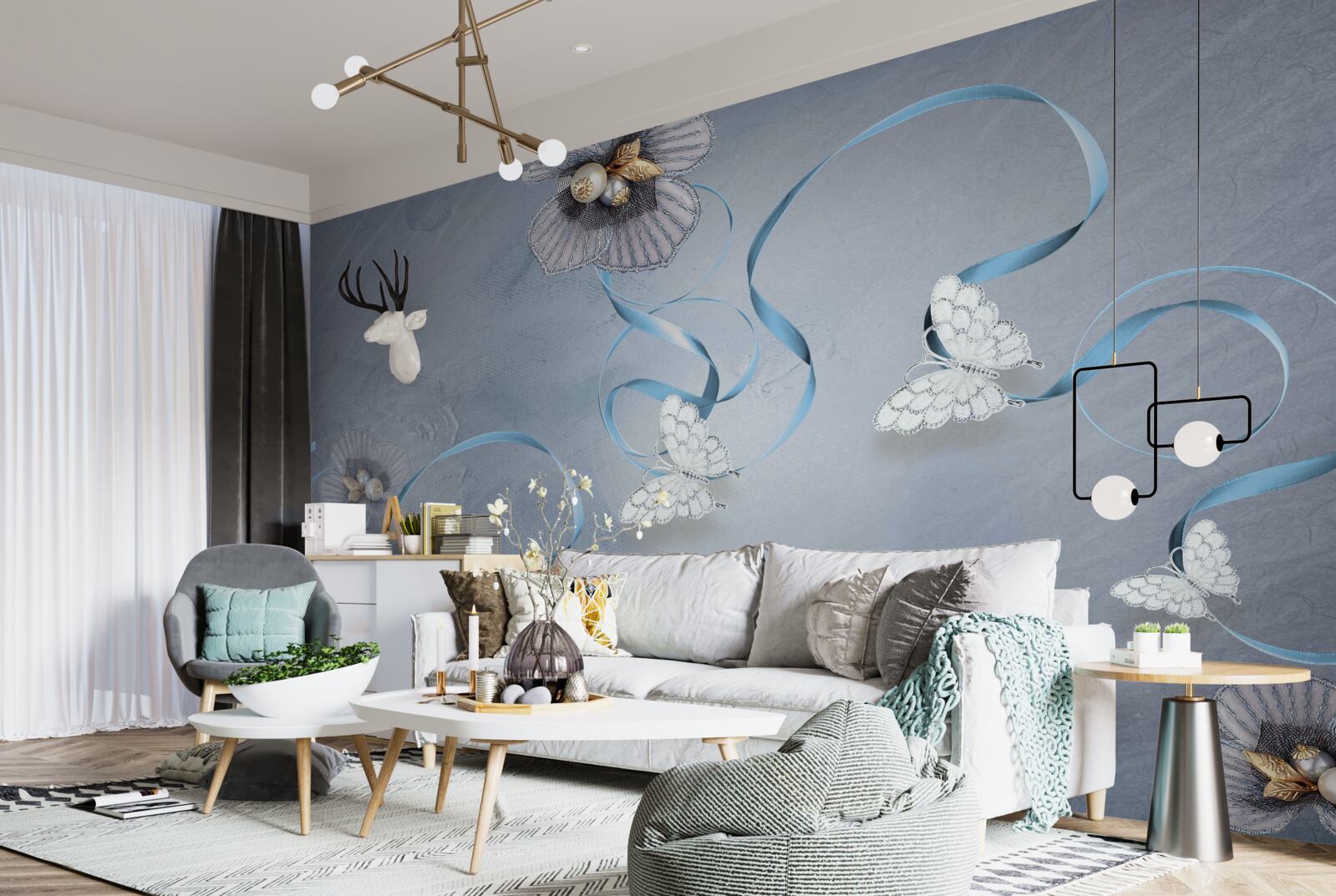 Fotobehang Sneeuwwitte vlinders en bloemen versierd met parels