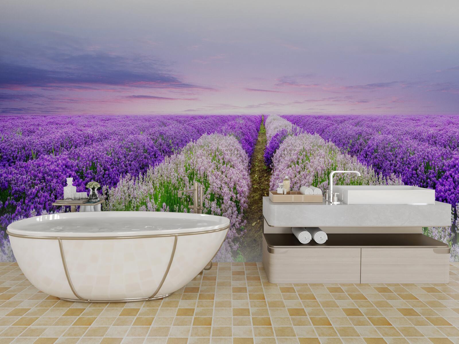 Fotobehang veld met geurige lavendel in de weiden