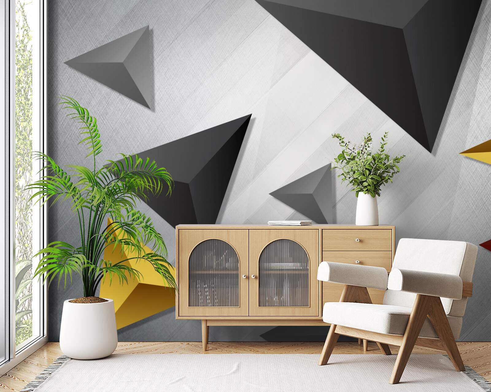 Fotobehang driehoeken van verschillende tinten zwevend in de lucht