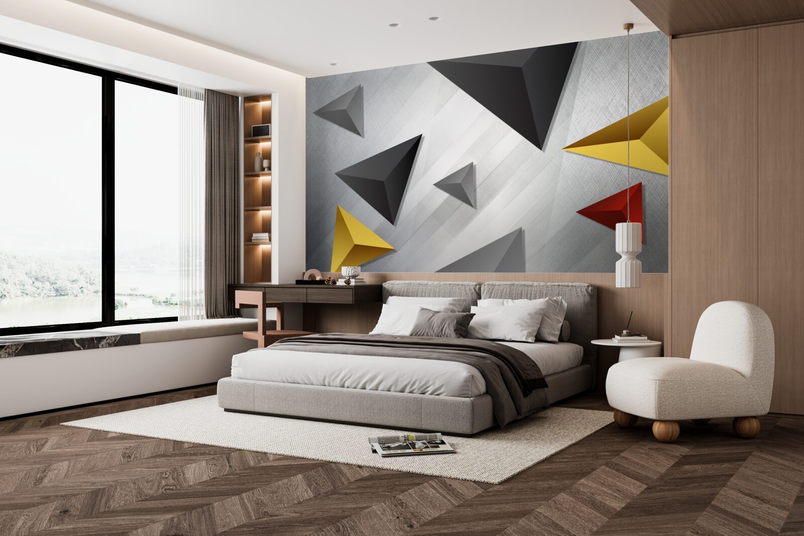 Fotobehang driehoeken van verschillende tinten zwevend in de lucht