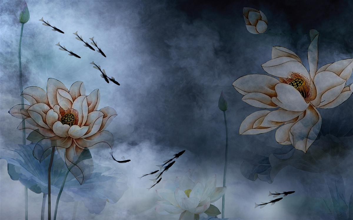 Fotobehang bloemen waar vissen omheen zwemmen