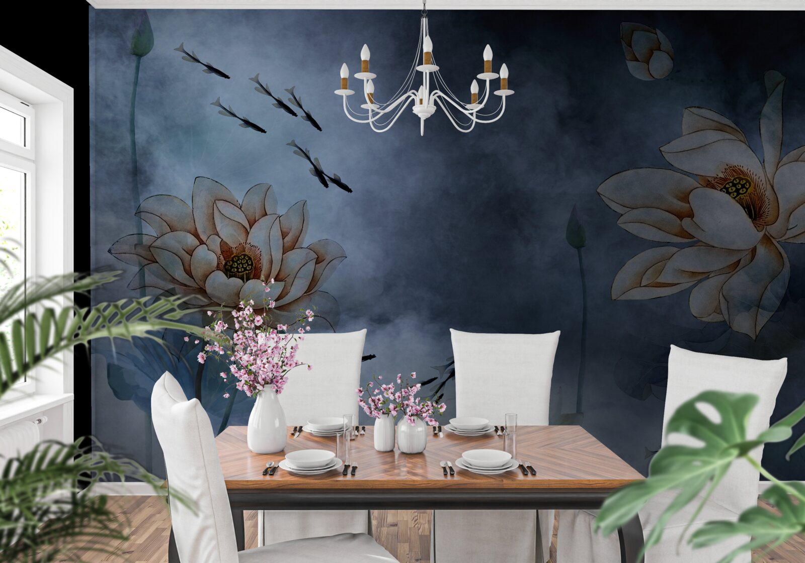 Fotobehang bloemen waar vissen omheen zwemmen