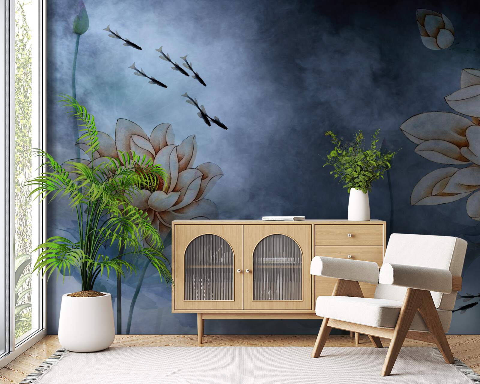 Fotobehang bloemen waar vissen omheen zwemmen