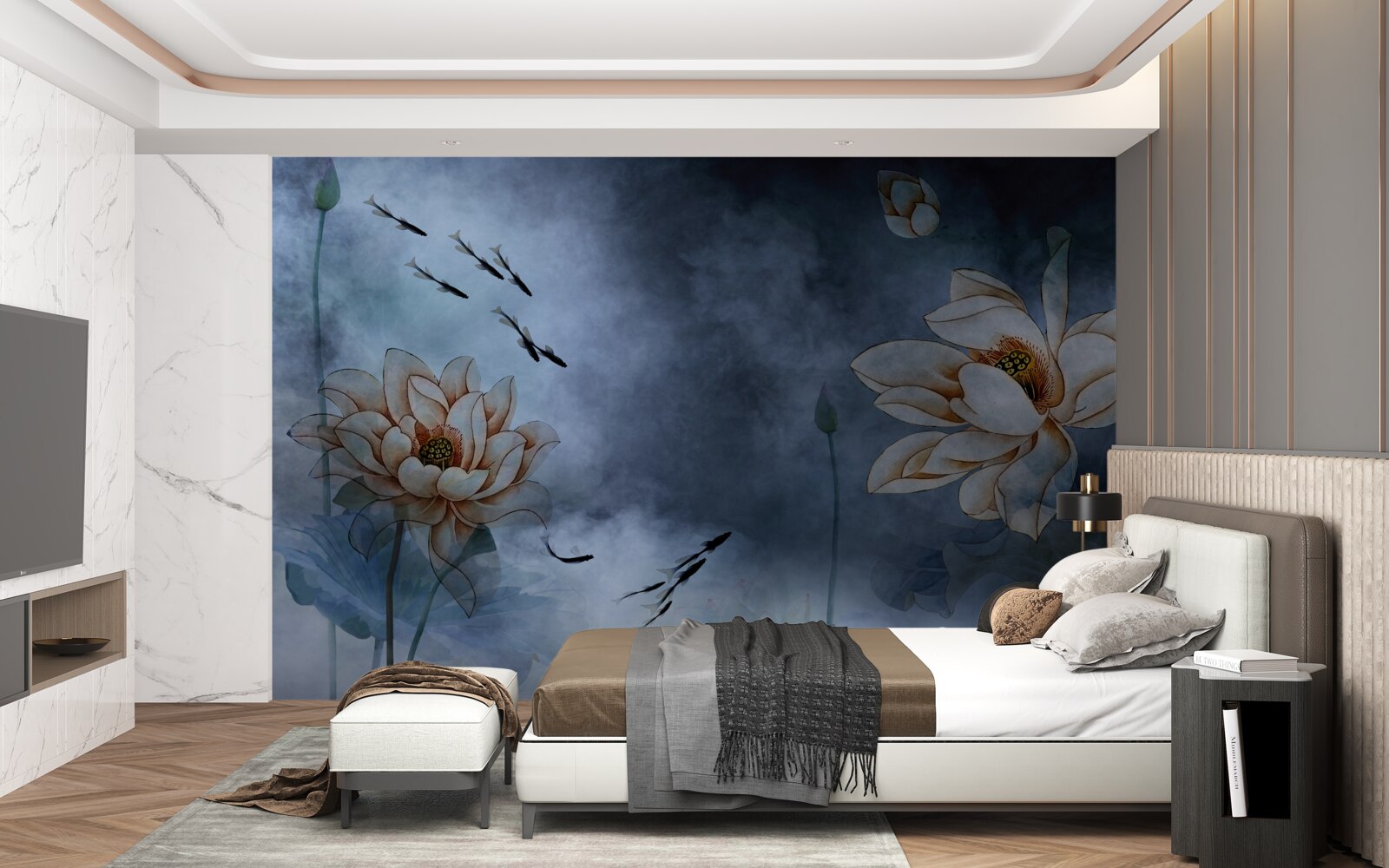 Fotobehang bloemen waar vissen omheen zwemmen