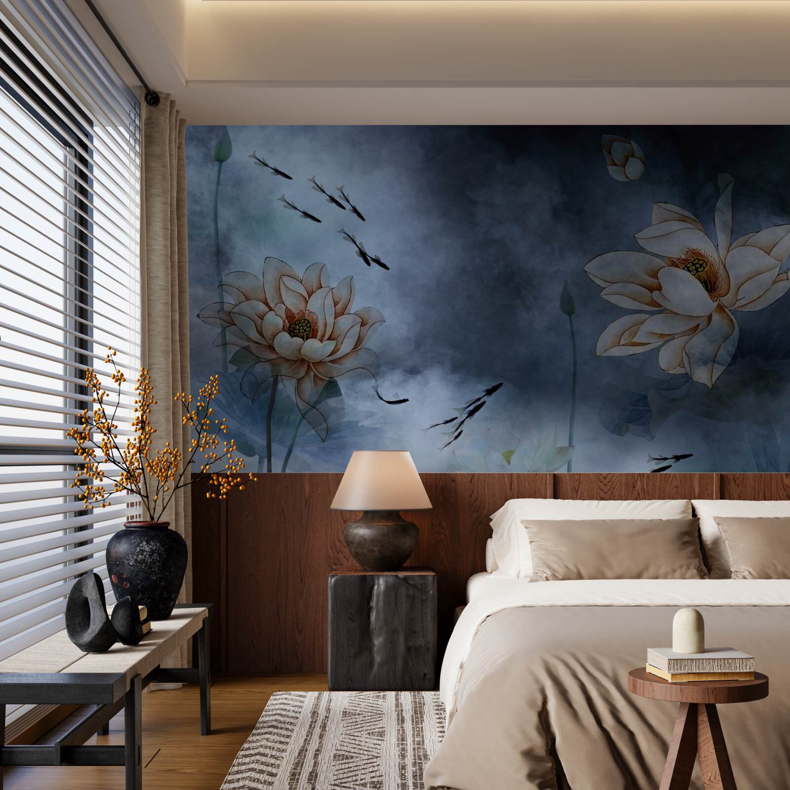 Fotobehang bloemen waar vissen omheen zwemmen