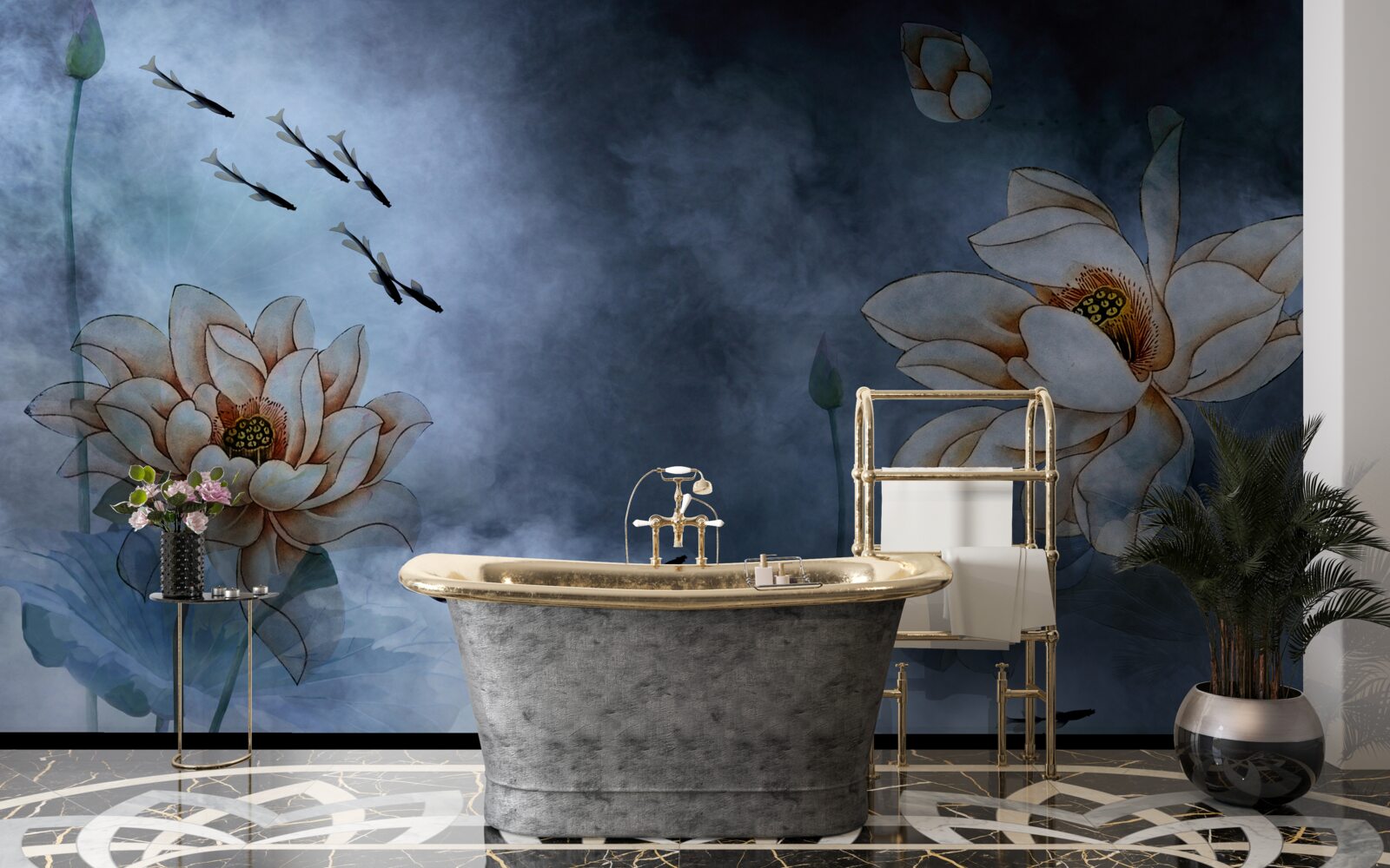 Fotobehang bloemen waar vissen omheen zwemmen