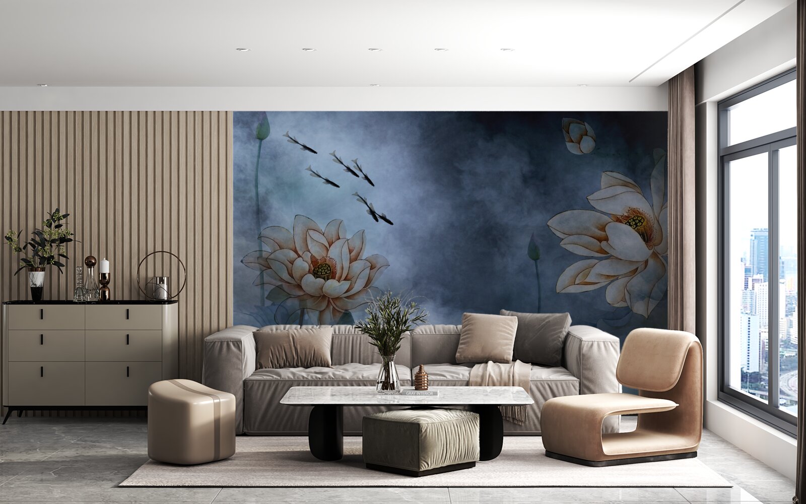 Fotobehang bloemen waar vissen omheen zwemmen