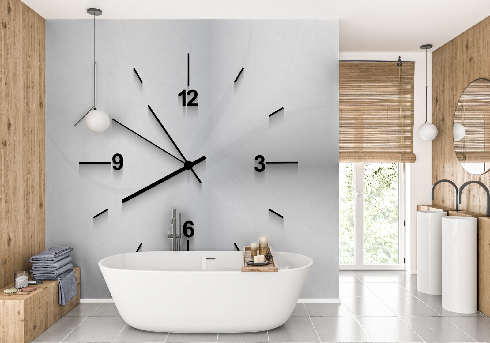 Fotobehang aan de muur hangt een zilveren klok met vier cijfers