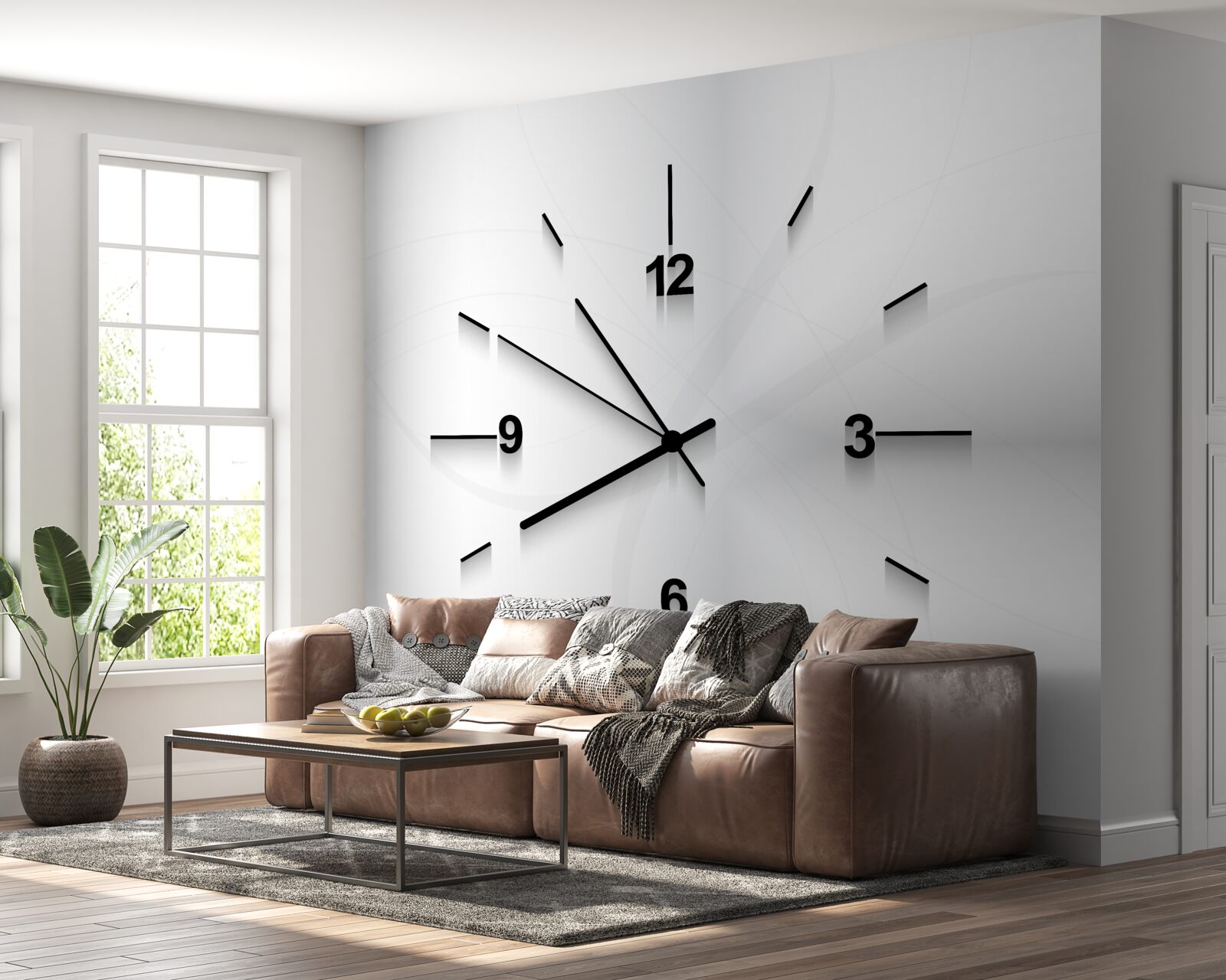 Fotobehang aan de muur hangt een zilveren klok met vier cijfers