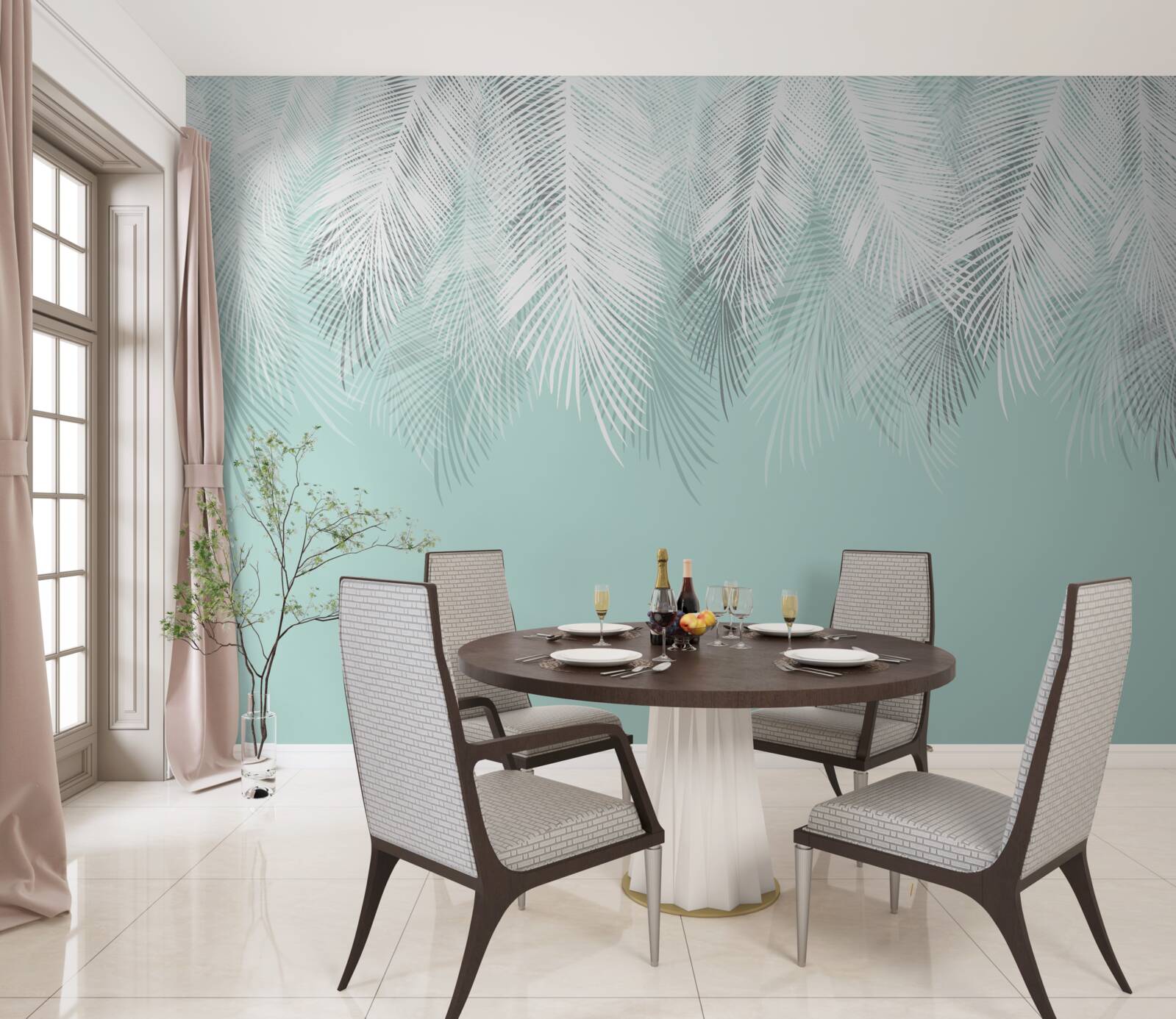 Fotobehang de palmbladeren zijn wit op een turquoise achtergrond