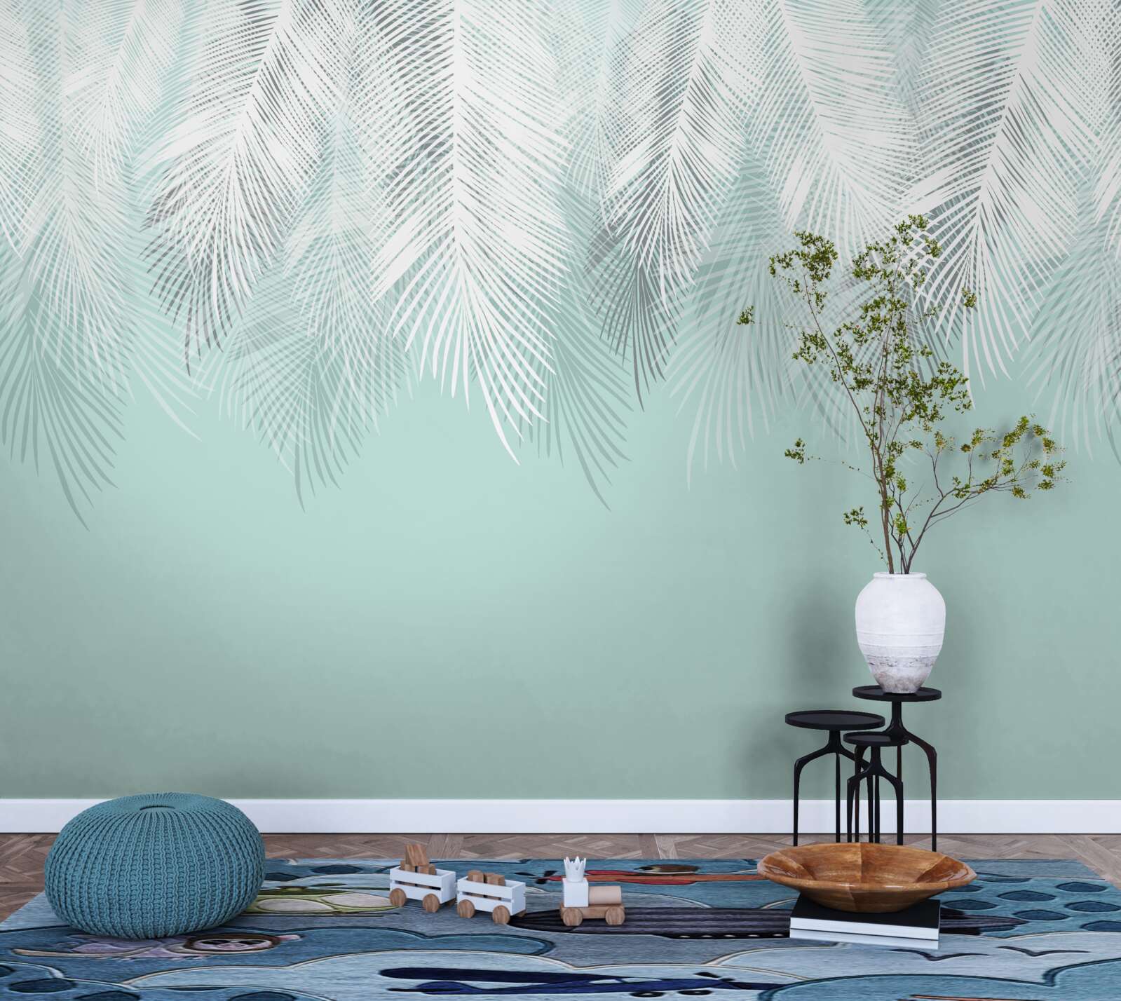 Fotobehang de palmbladeren zijn wit op een turquoise achtergrond