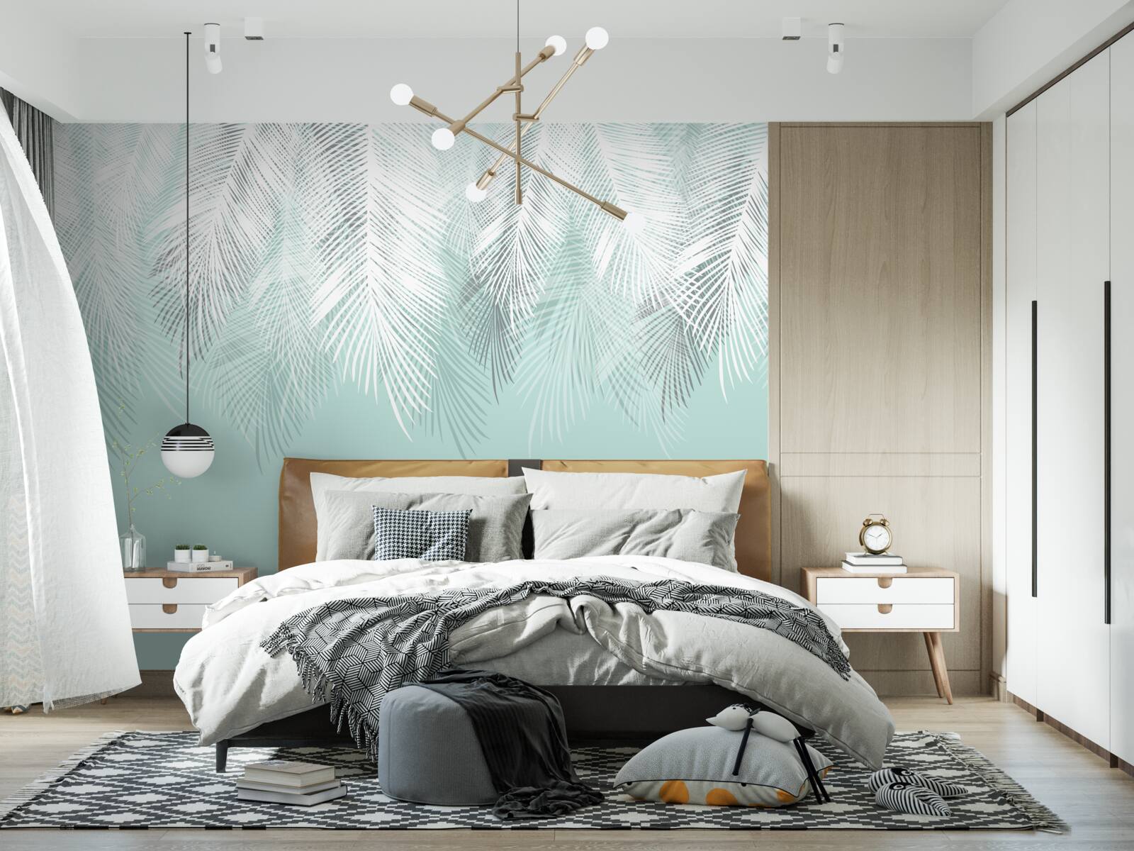 Fotobehang de palmbladeren zijn wit op een turquoise achtergrond