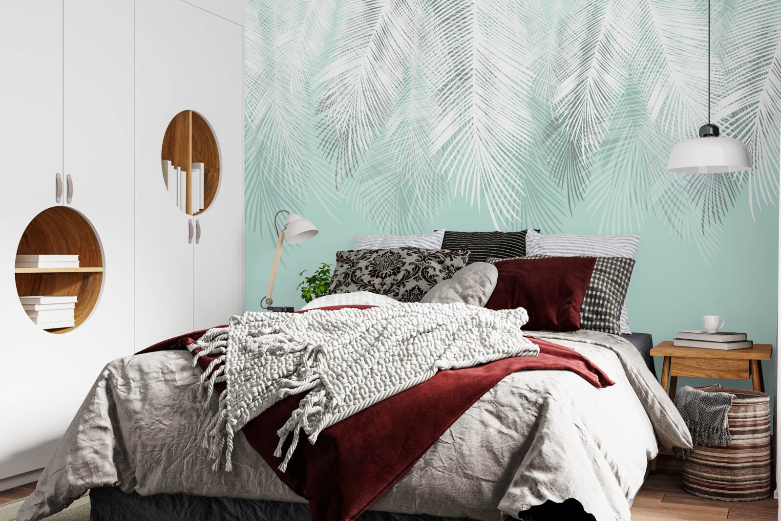 Fotobehang de palmbladeren zijn wit op een turquoise achtergrond