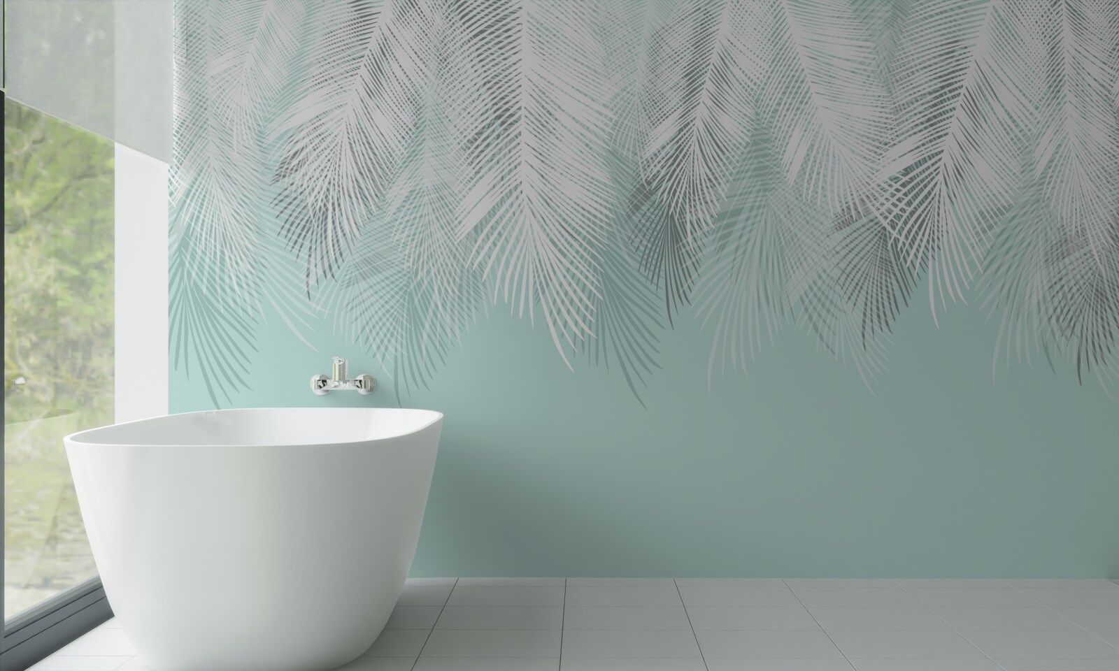 Fotobehang de palmbladeren zijn wit op een turquoise achtergrond