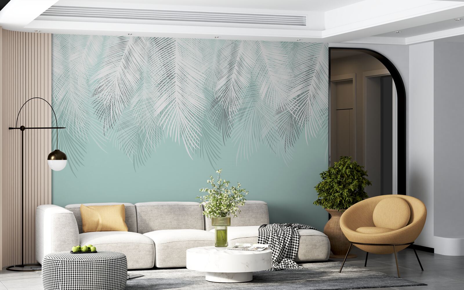 Fotobehang de palmbladeren zijn wit op een turquoise achtergrond