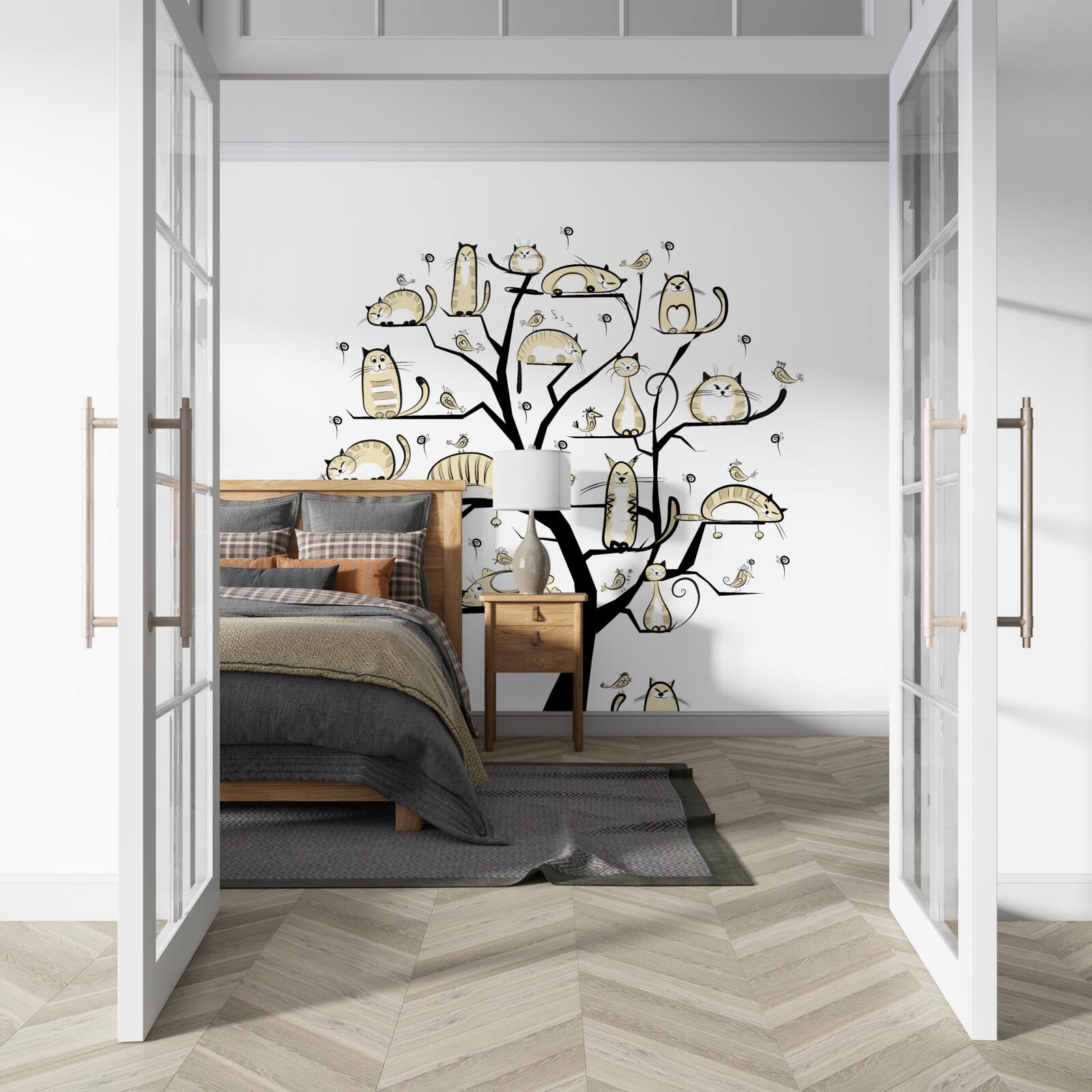 Fotobehang pluizige katten op boomtakken