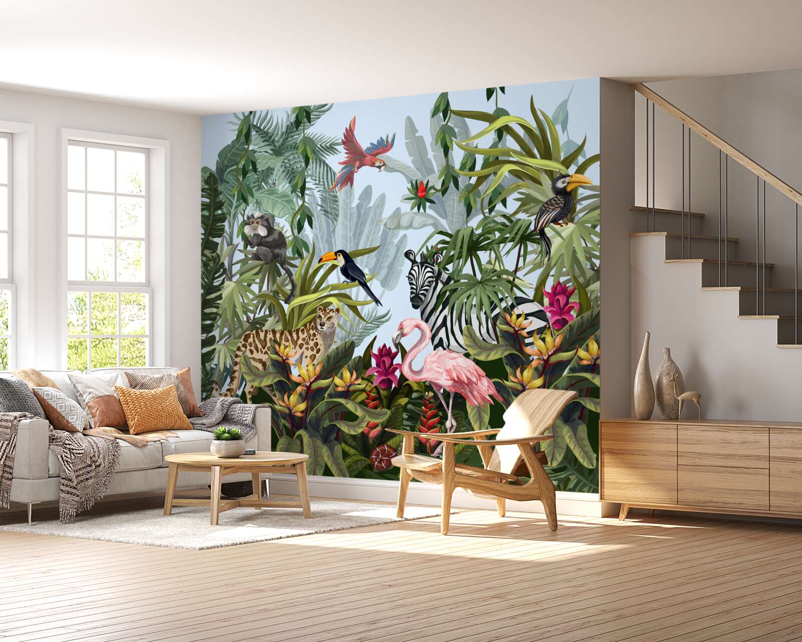 Fotobehang vegetatie overdag en wilde dieren in de jungle