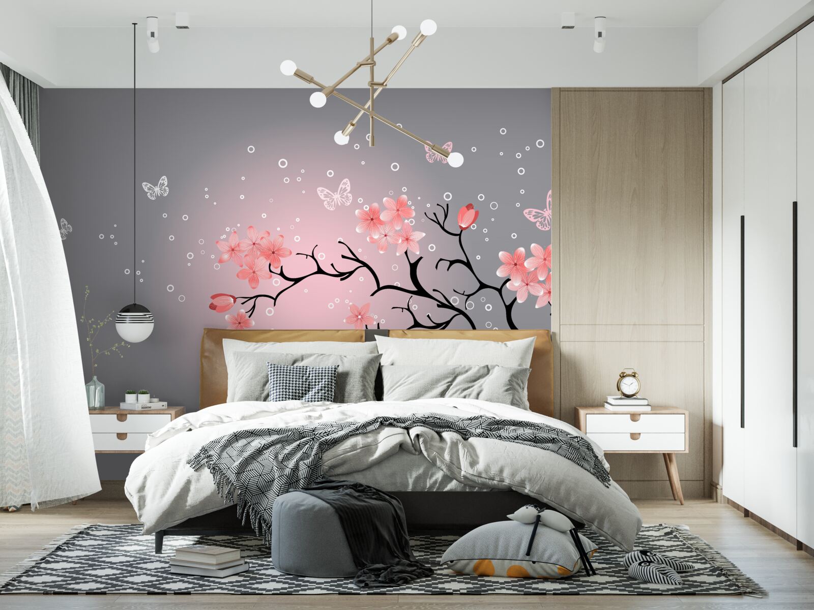 Fotobehang vlinders en een sakura tak