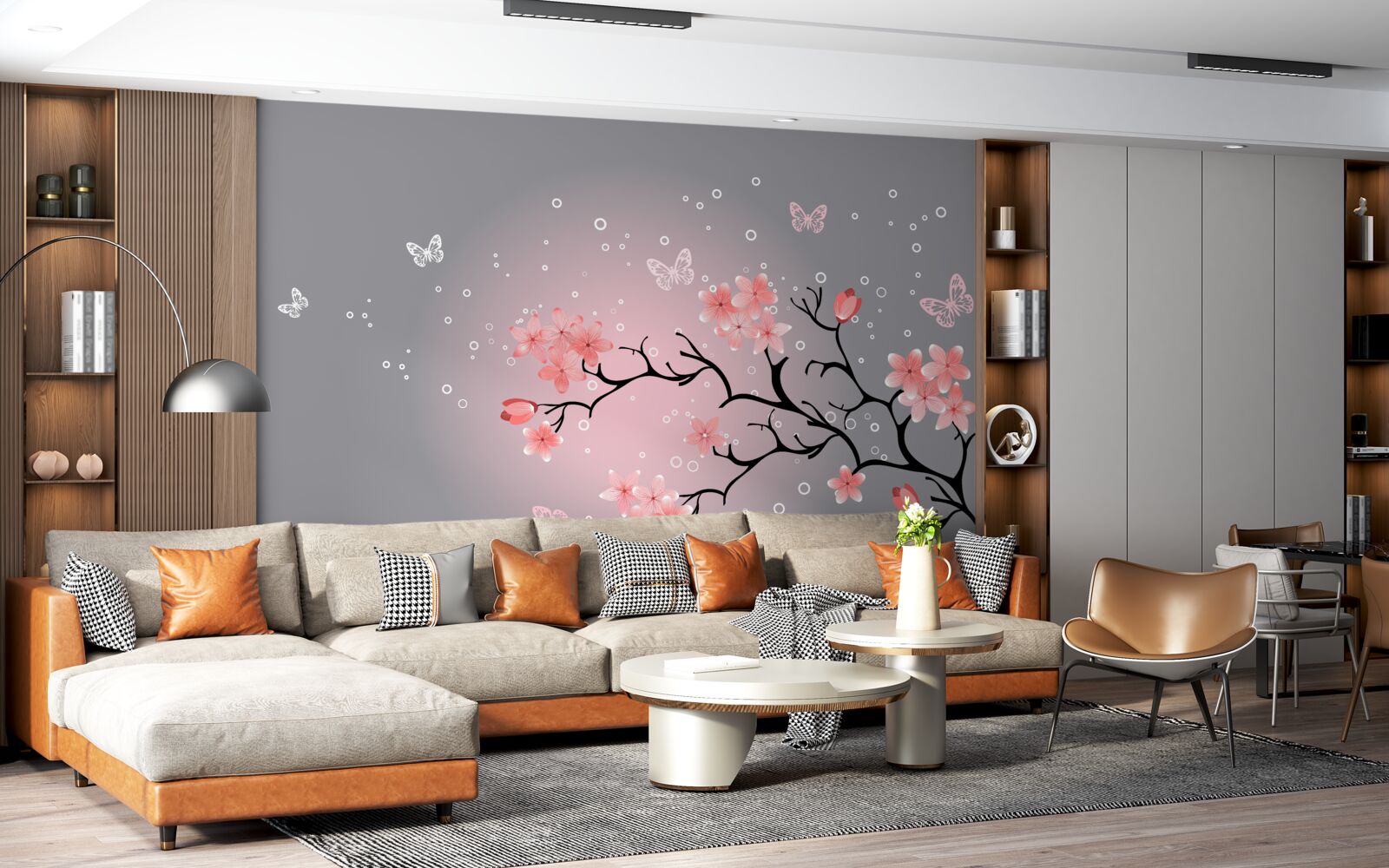 Fotobehang vlinders en een sakura tak