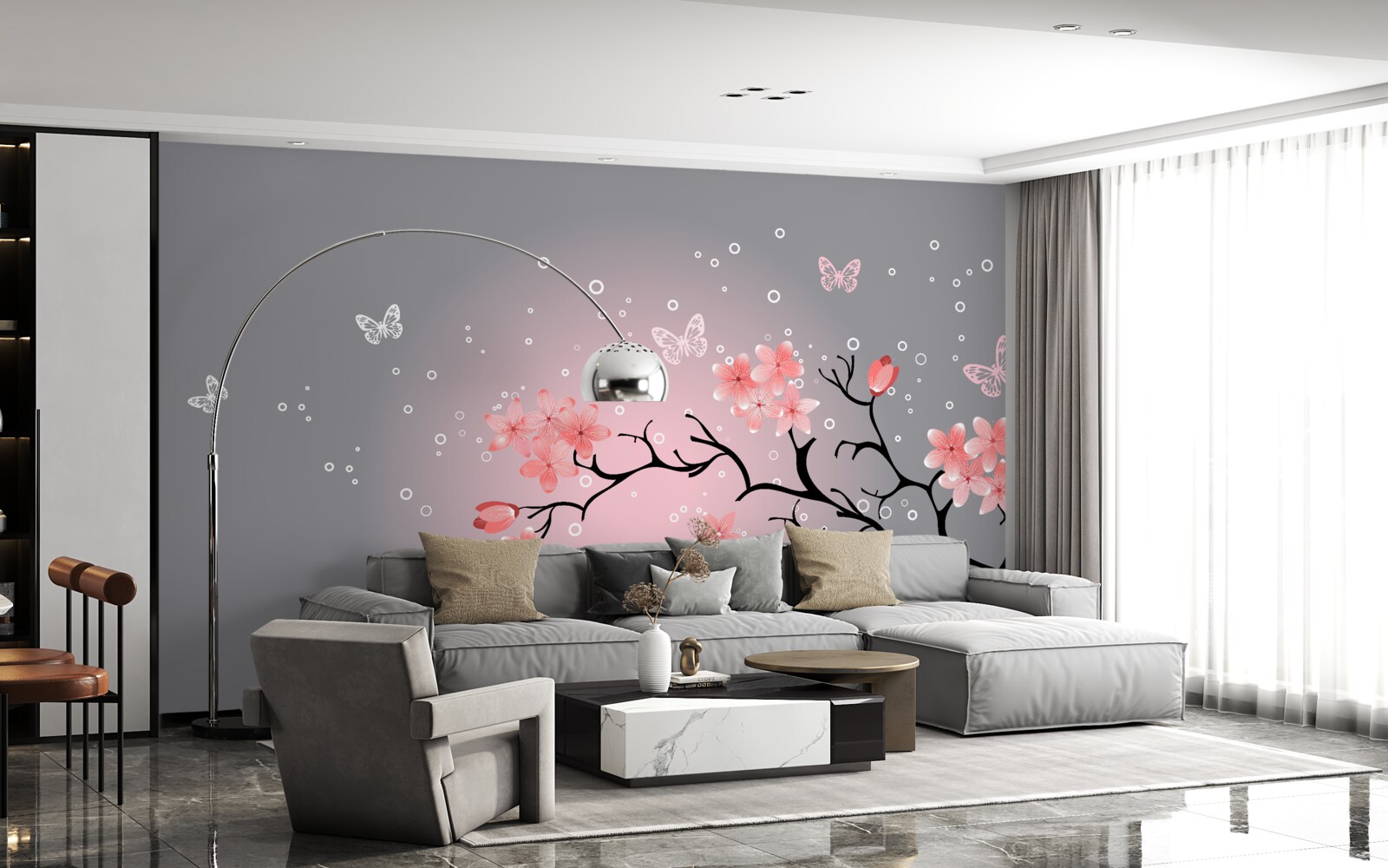 Fotobehang vlinders en een sakura tak