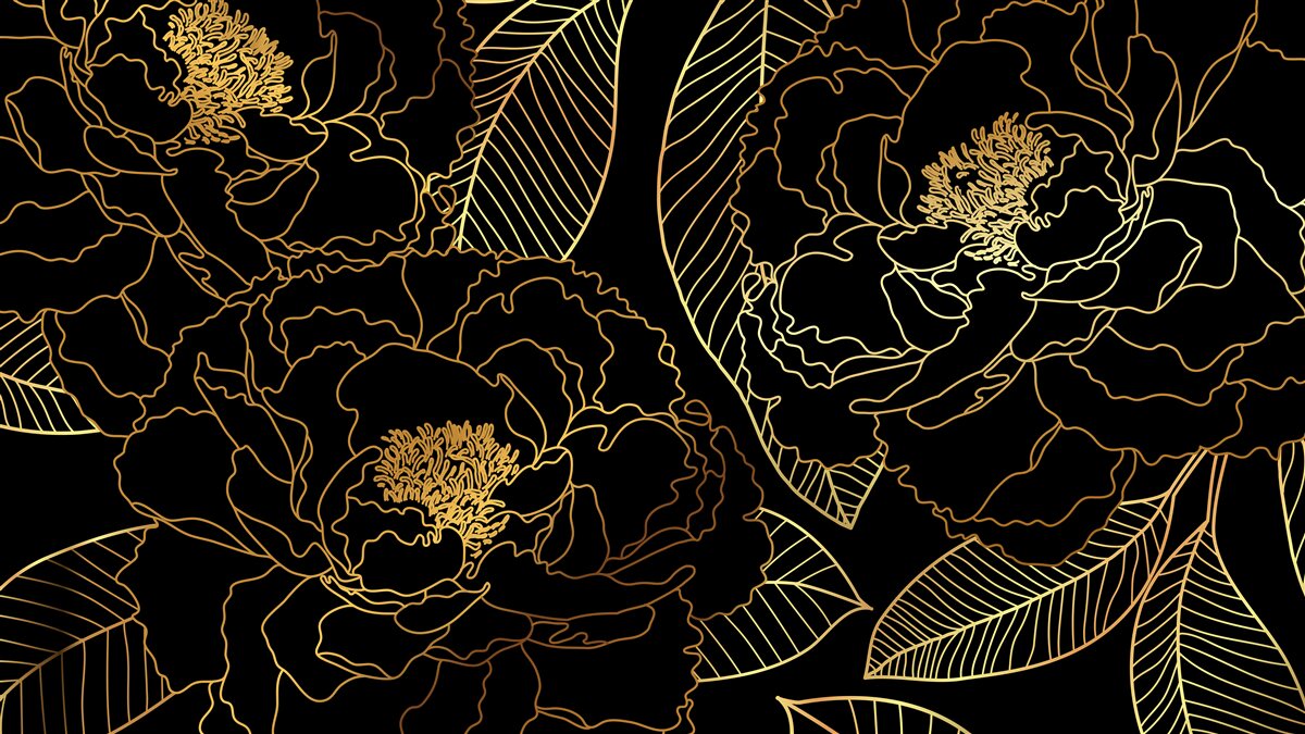 Fotobehang Textuur van bladeren en bloemen, gearceerd in goud