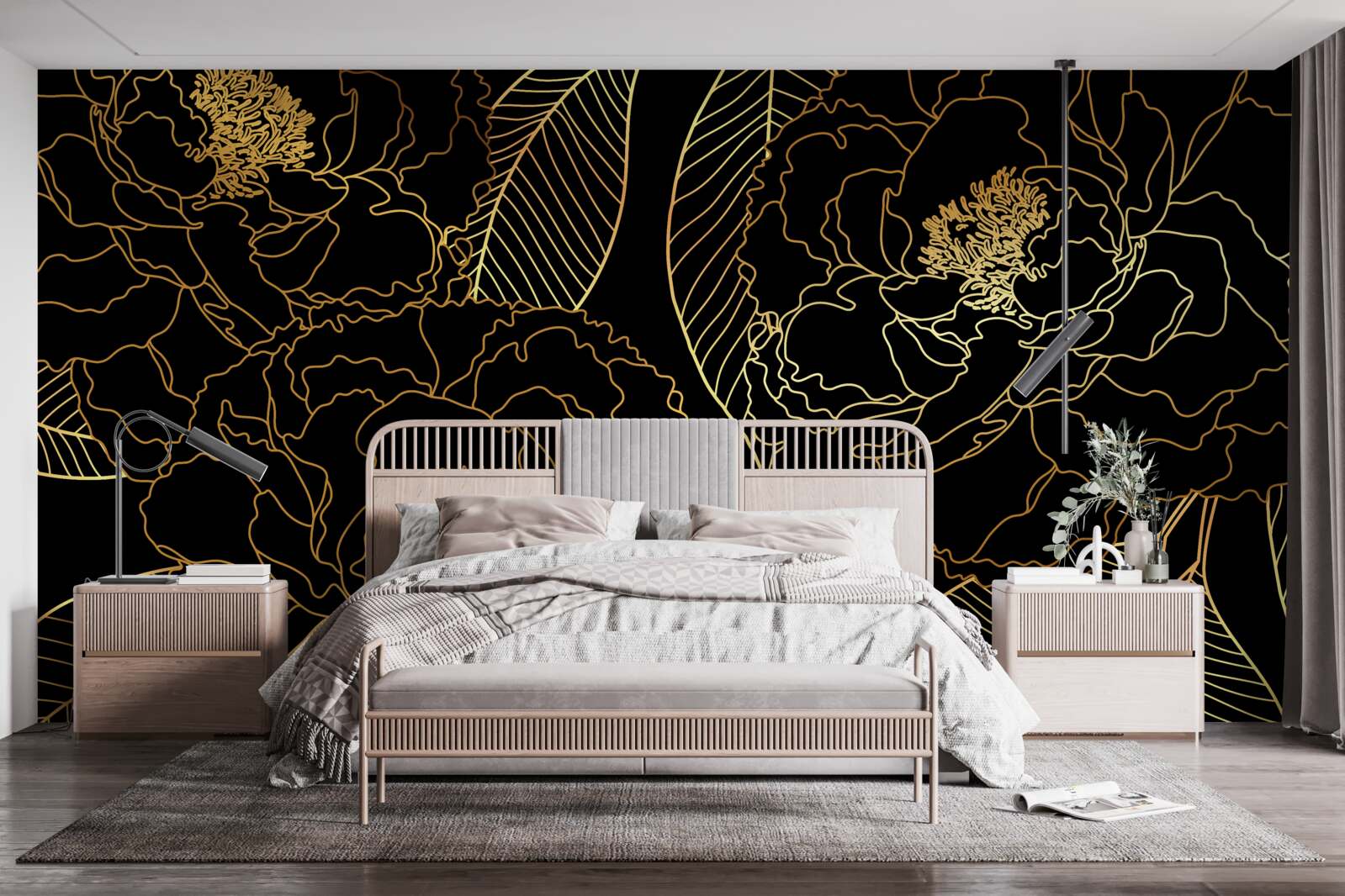 Fotobehang Textuur van bladeren en bloemen, gearceerd in goud