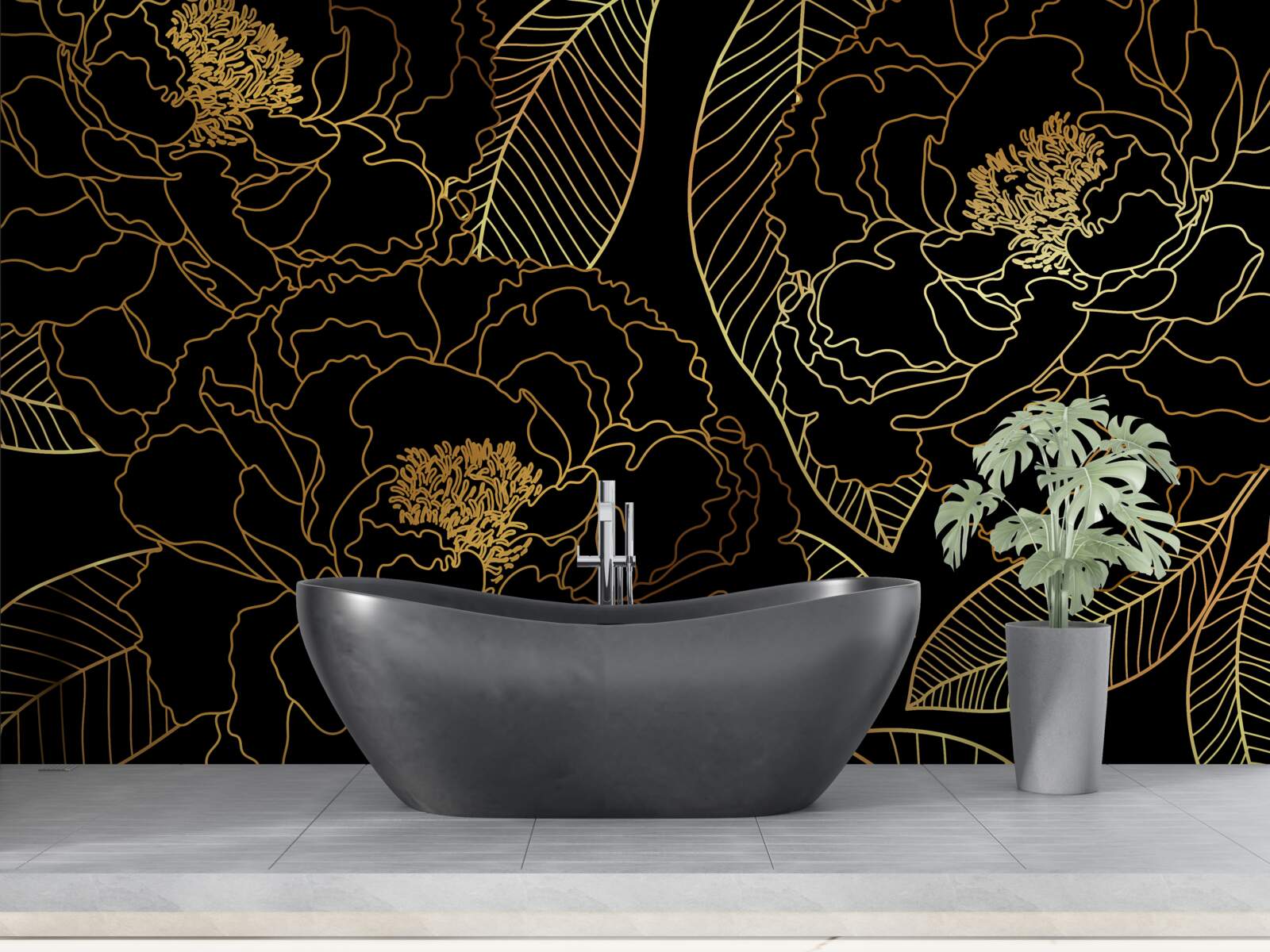 Fotobehang Textuur van bladeren en bloemen, gearceerd in goud