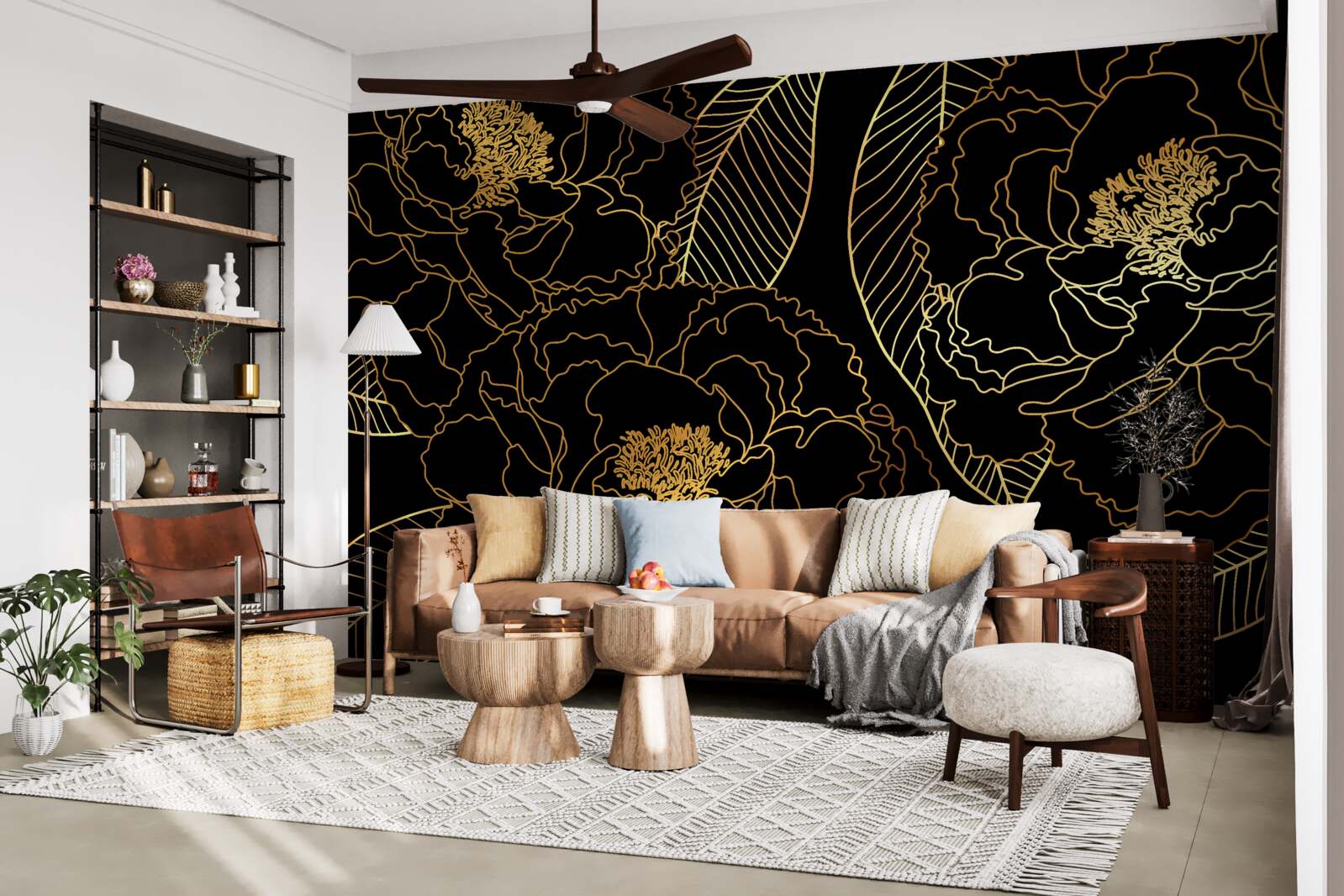 Fotobehang Textuur van bladeren en bloemen, gearceerd in goud