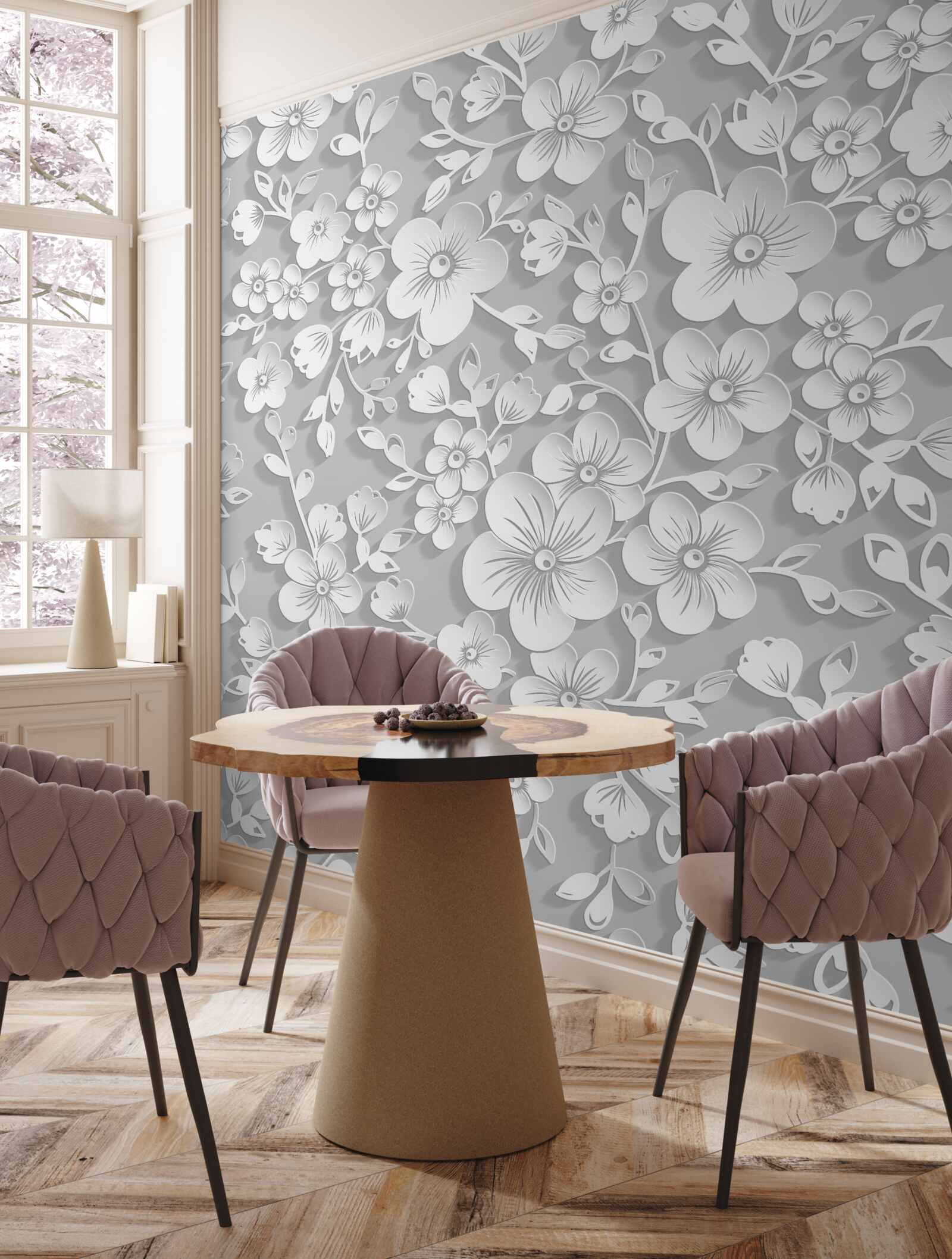 Fotobehang achtergrond bezaaid met dunne witte bloemen