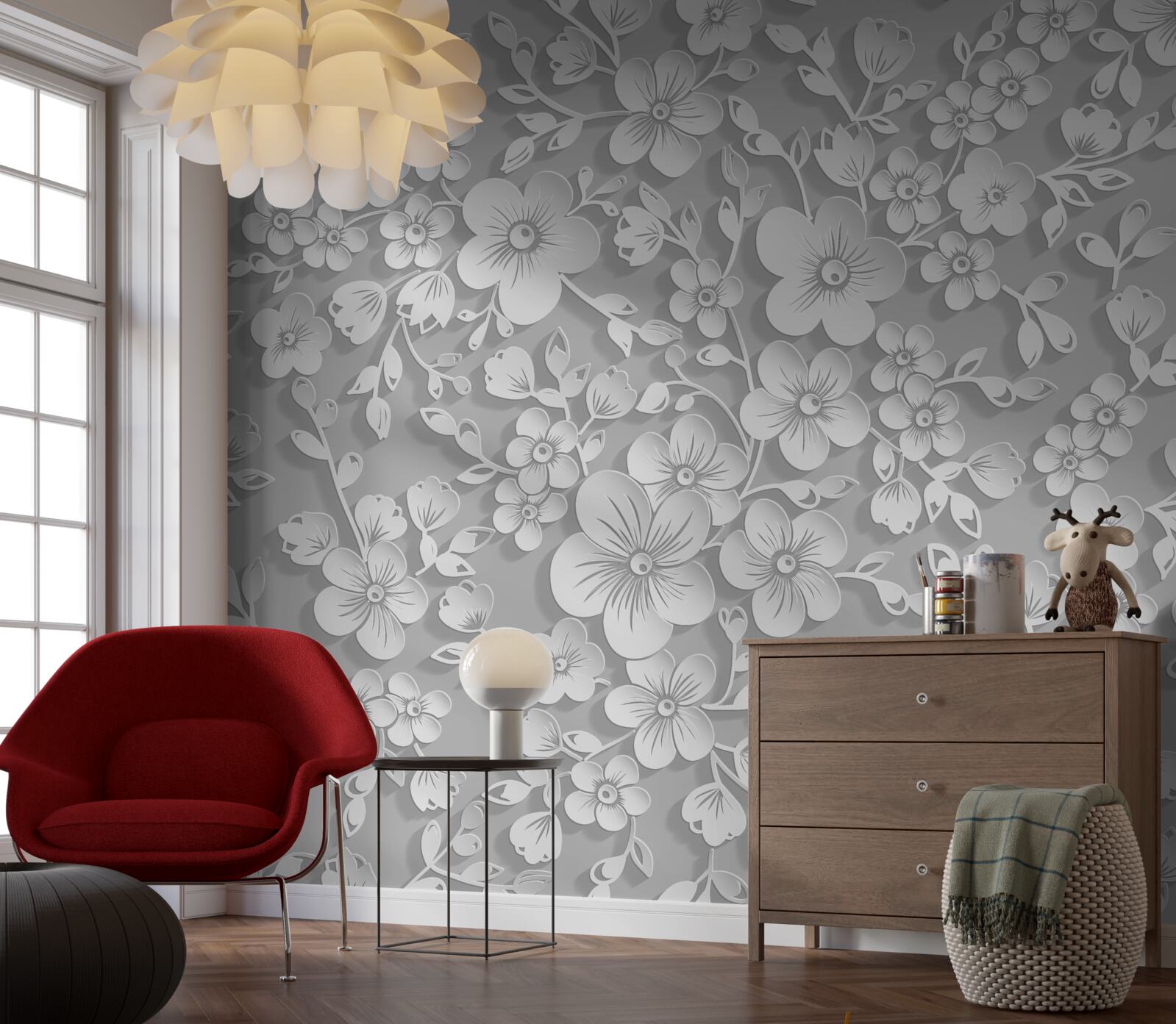 Fotobehang achtergrond bezaaid met dunne witte bloemen