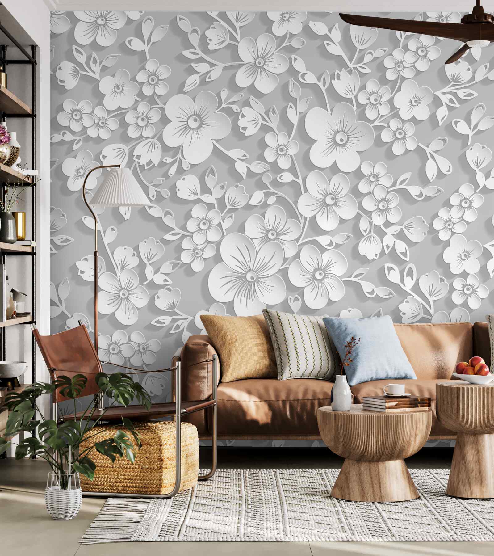 Fotobehang achtergrond bezaaid met dunne witte bloemen