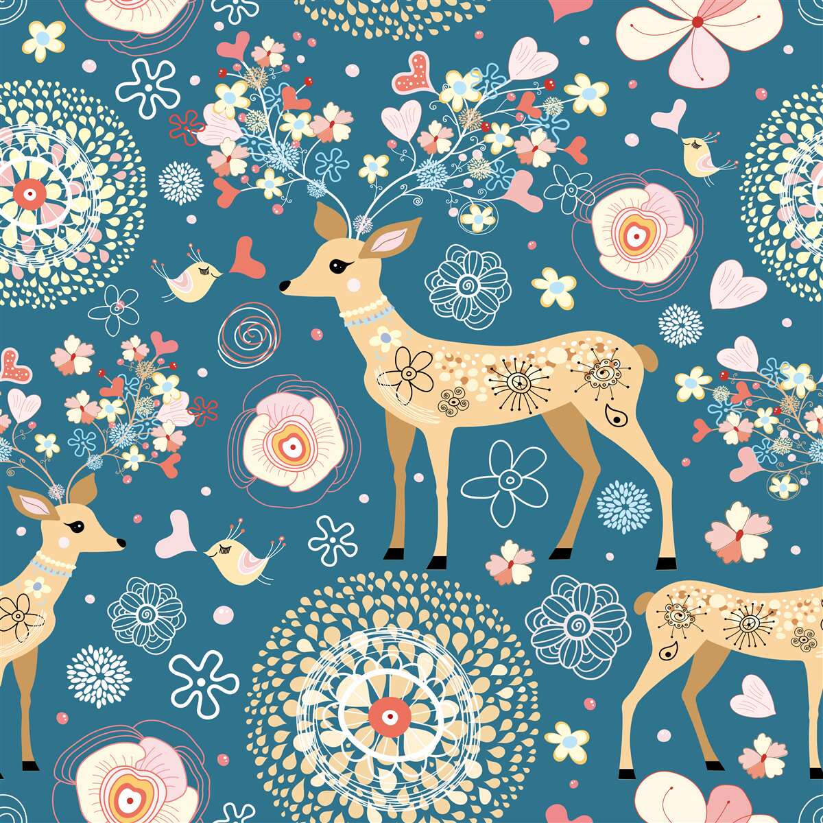 Fotobehang vogels en herten omringd door bloemen