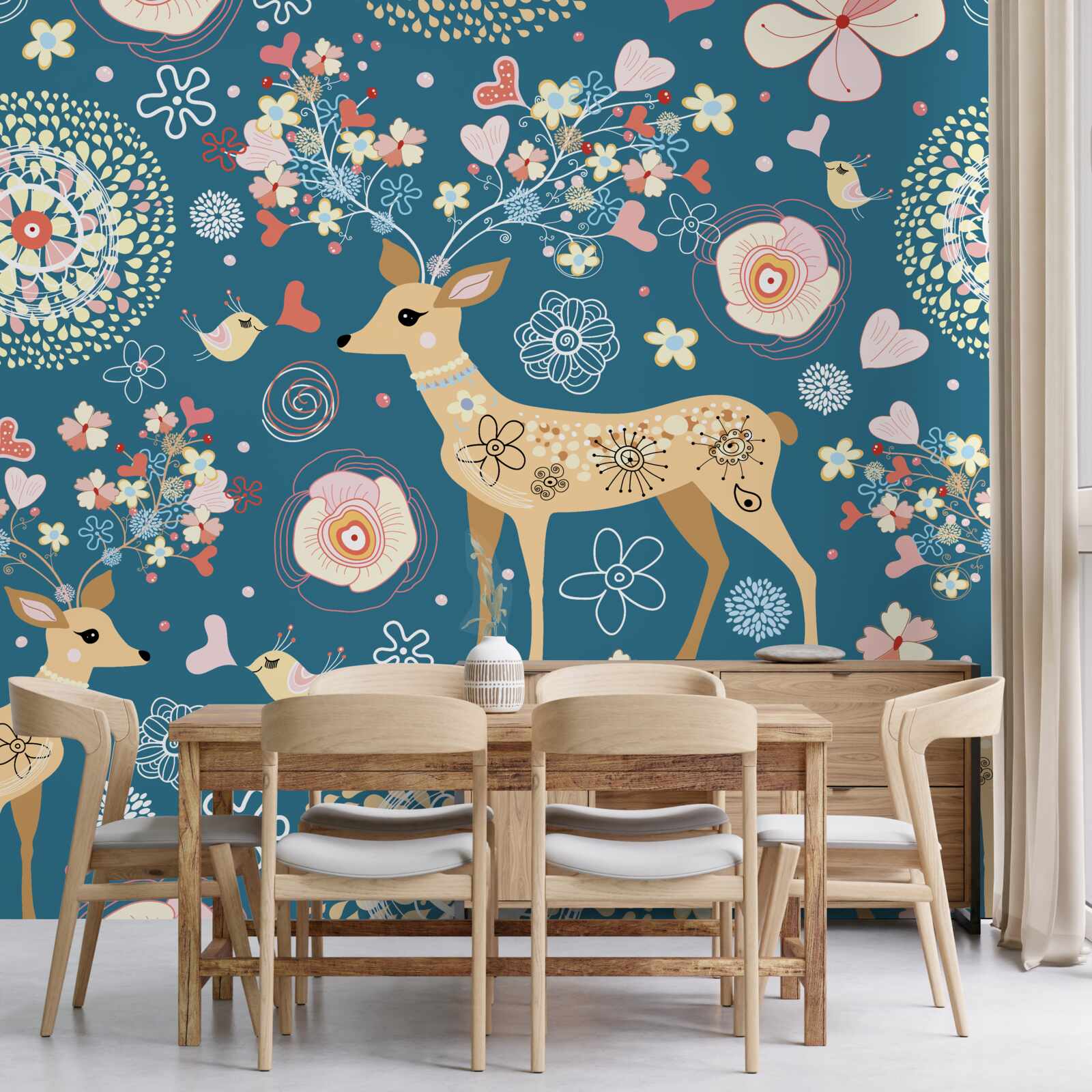 Fotobehang vogels en herten omringd door bloemen