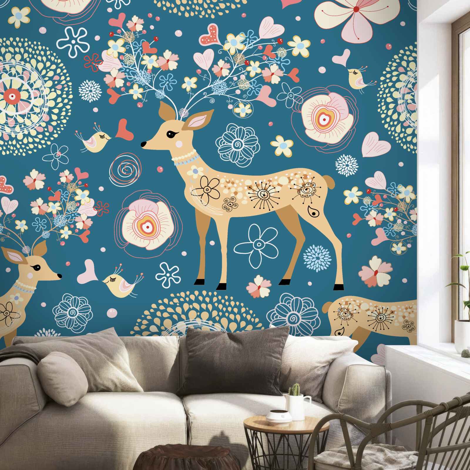 Fotobehang vogels en herten omringd door bloemen