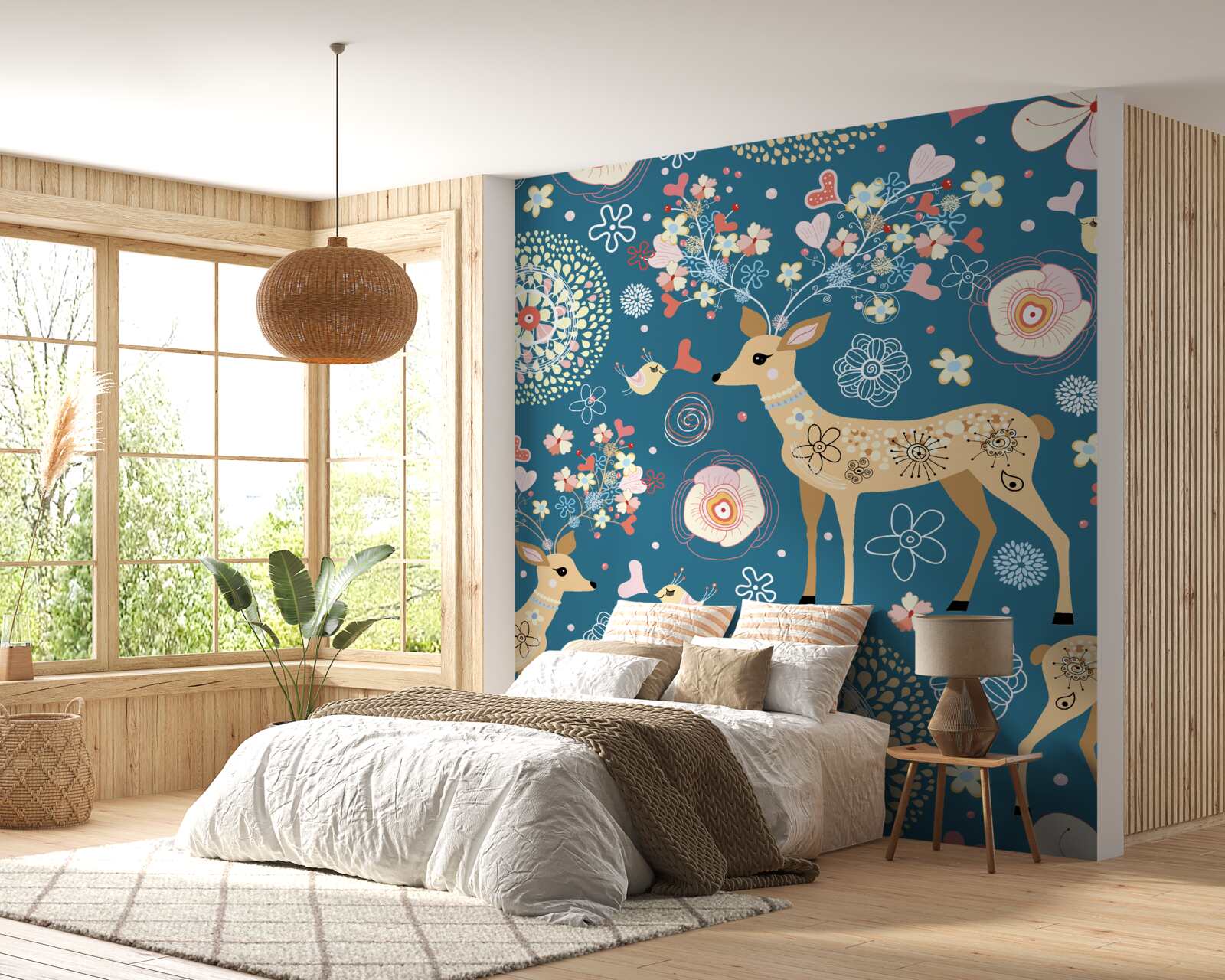 Fotobehang vogels en herten omringd door bloemen