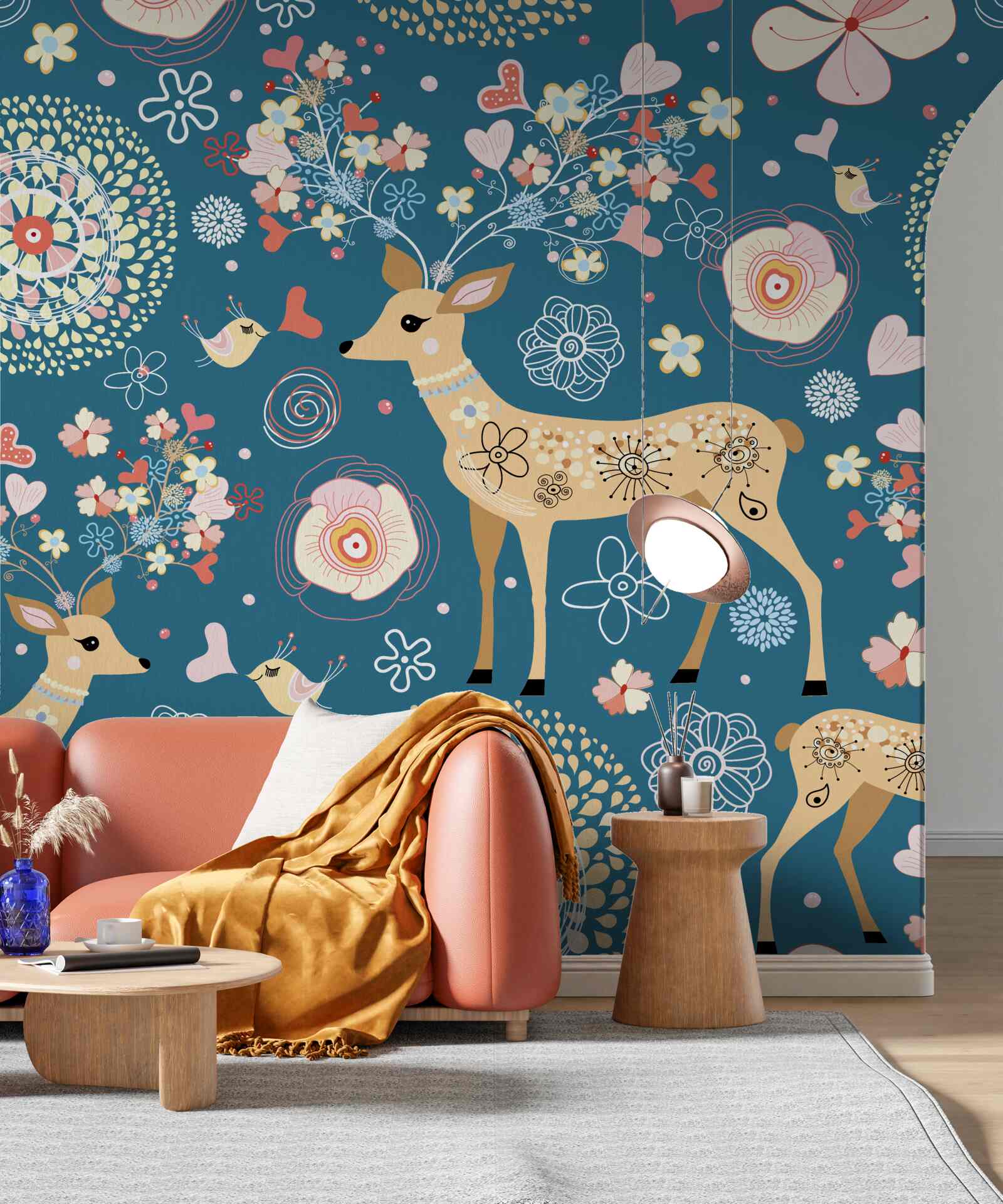 Fotobehang vogels en herten omringd door bloemen