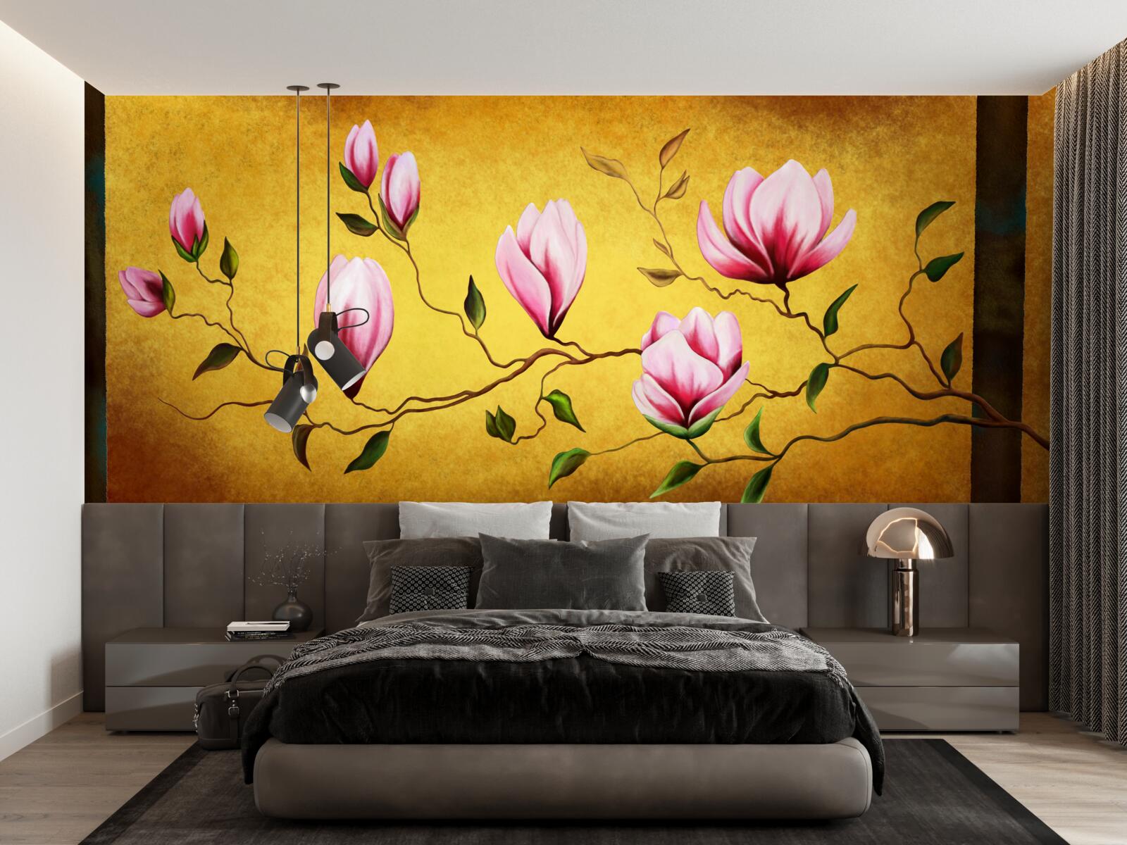 Fotobehang roze magnolia's uit japan